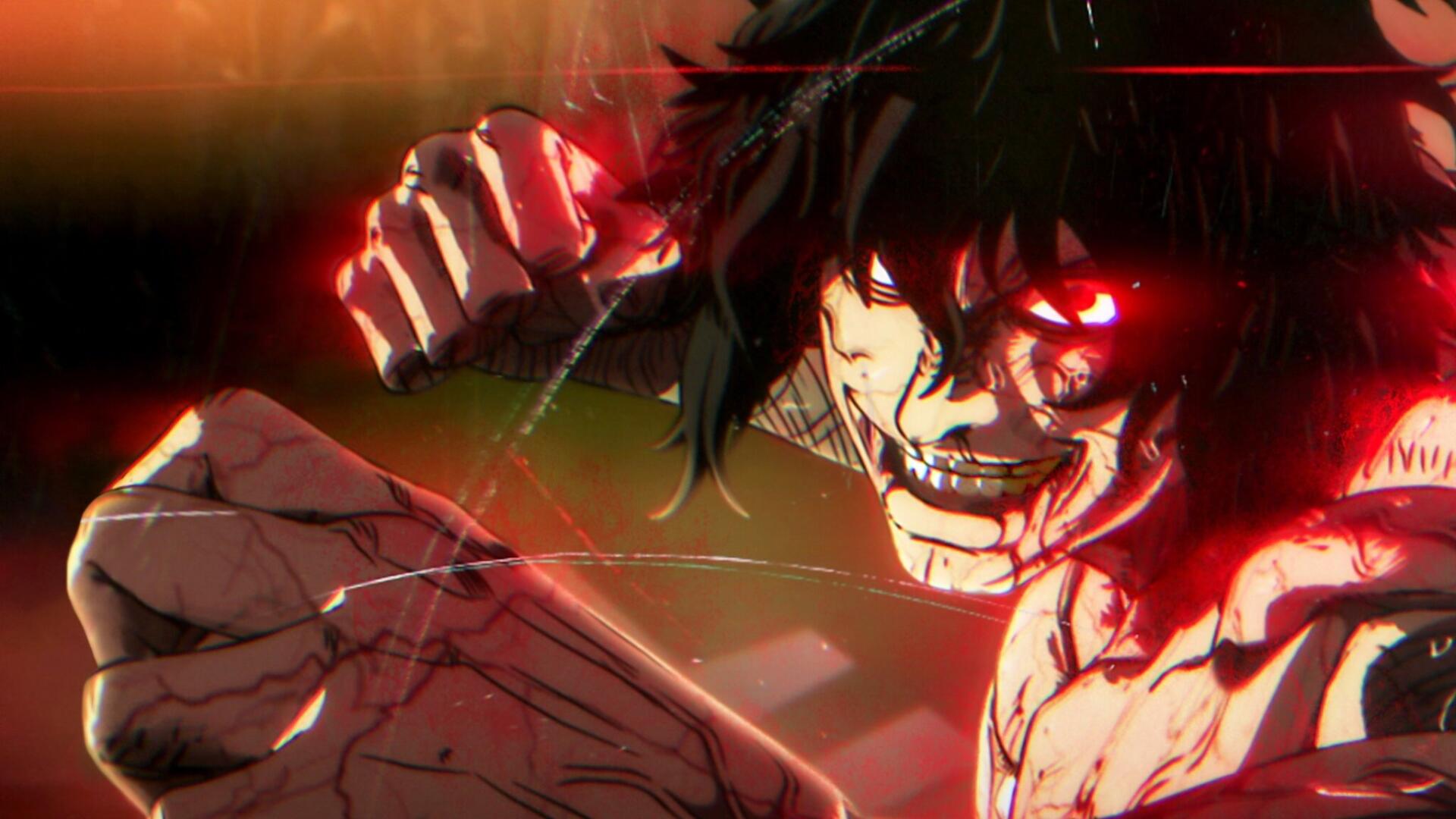 Kengan Ashura HD PC desktop wallpaper background: bloodied, grinning fighter with a glowing red eye, clenched fist and torn skin.
