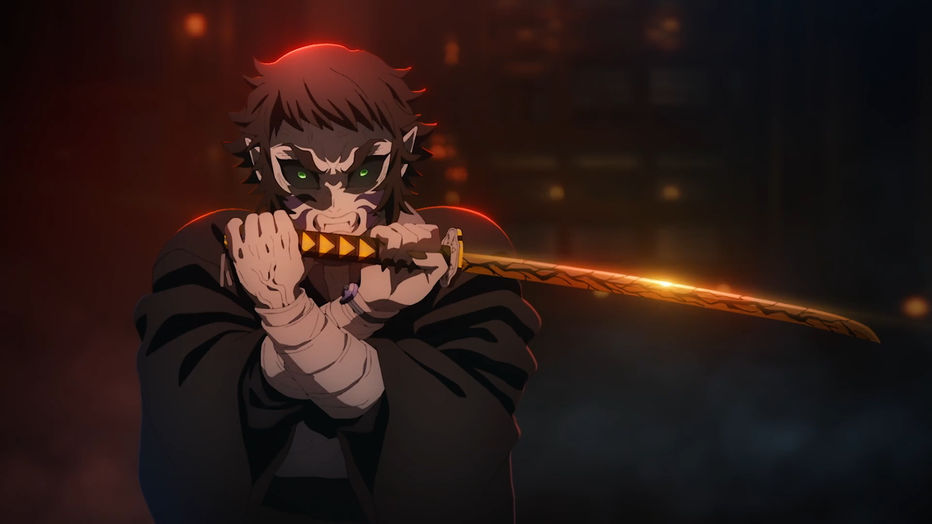 Anime HD PC desktop wallpaper from Demon Slayer: Kimetsu no Yaiba — a masked demon slayer grips a glowing, fiery katana amid a dark, red-tinged background.