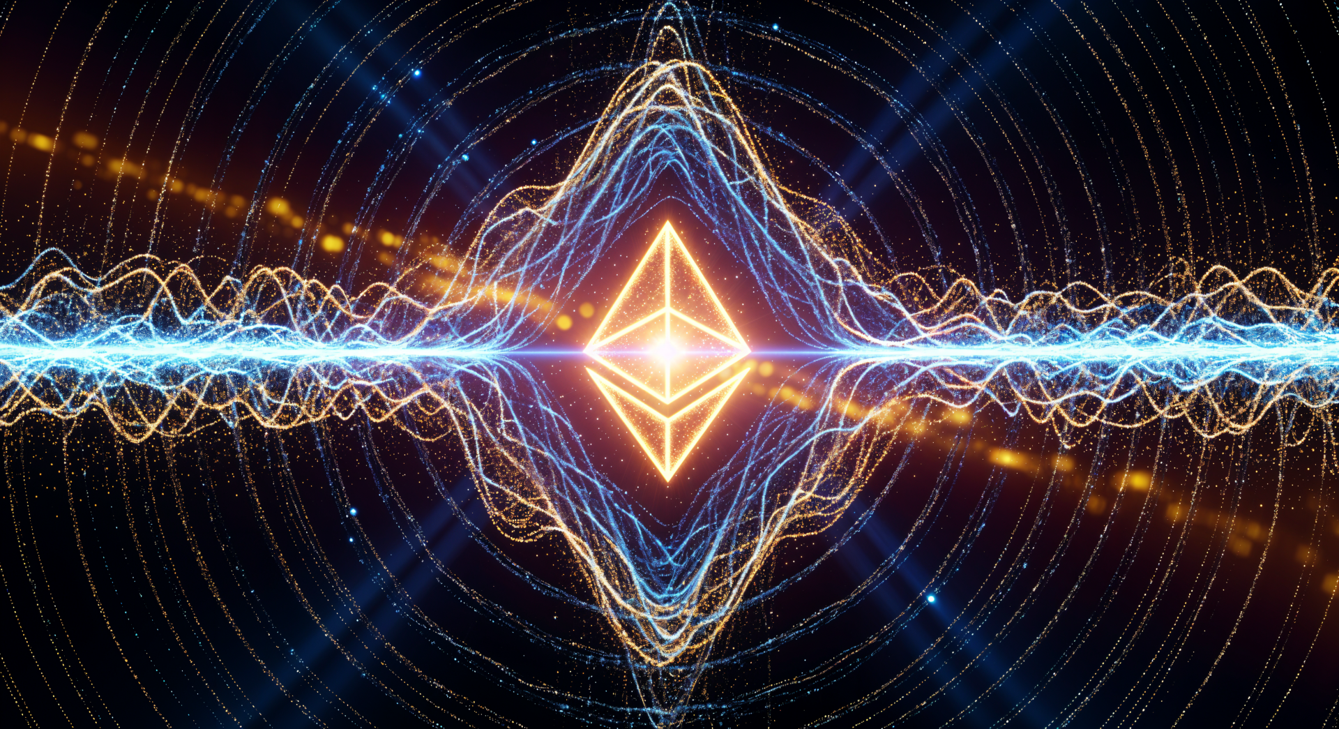 4K Ultra HD PC desktop wallpaper: glowing Ethereum symbol centered amid pulsating electric waves and concentric starfield rings on a dark cosmic background.