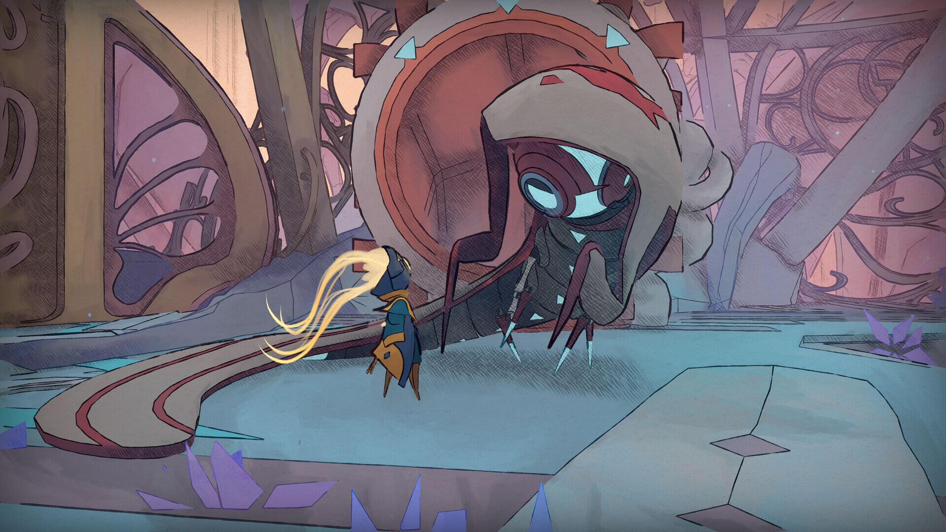 HD PC desktop wallpaper from the video game Mio: Memories in Orbit — a small cloaked character with flowing scarf faces a large glowing-eyed hooded creature in a stylized, pastel interior.