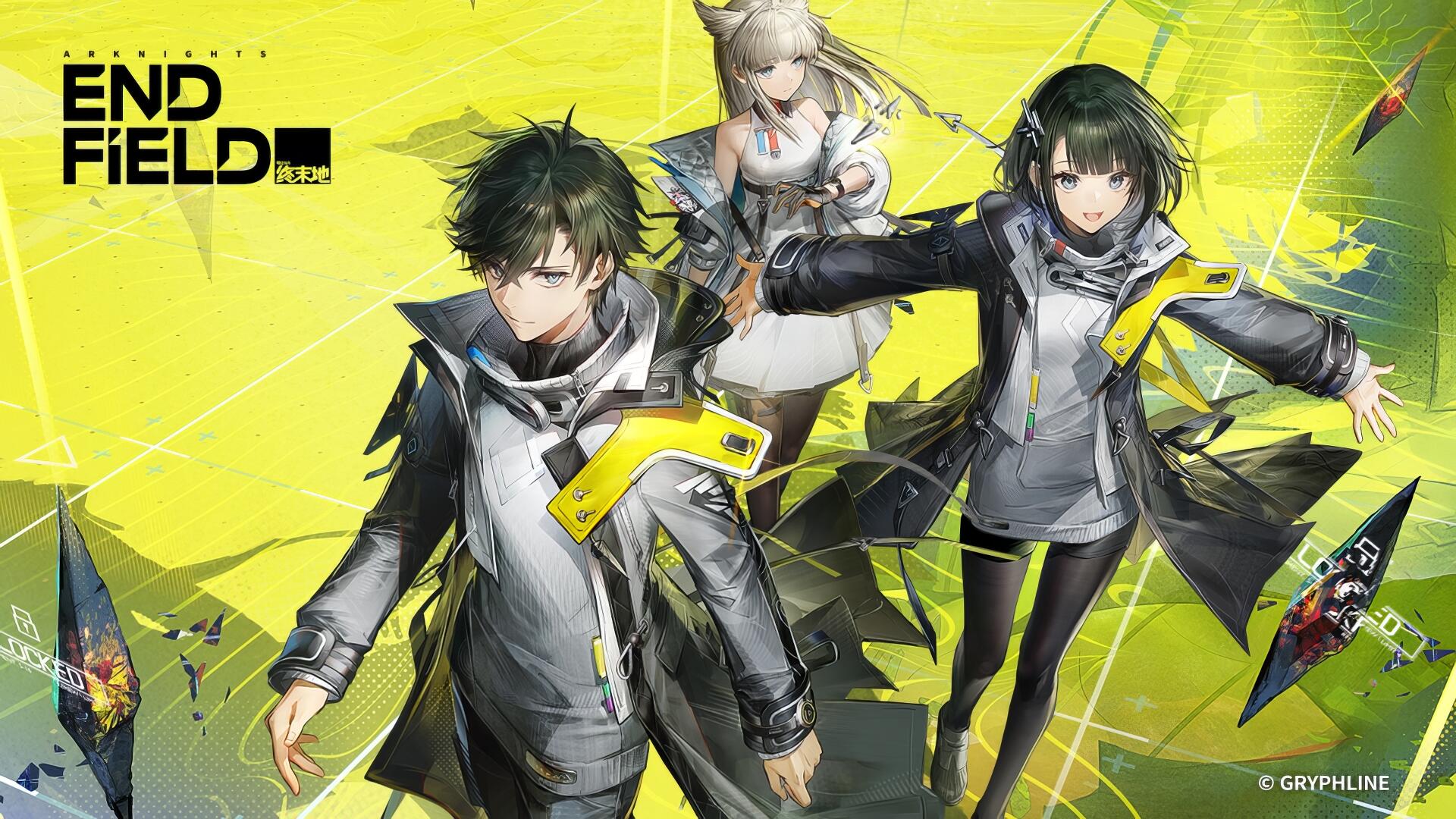 Video game HD PC desktop wallpaper for Arknights: Endfield showing three stylized characters in gray-and-yellow outfits against a vibrant yellow geometric background.