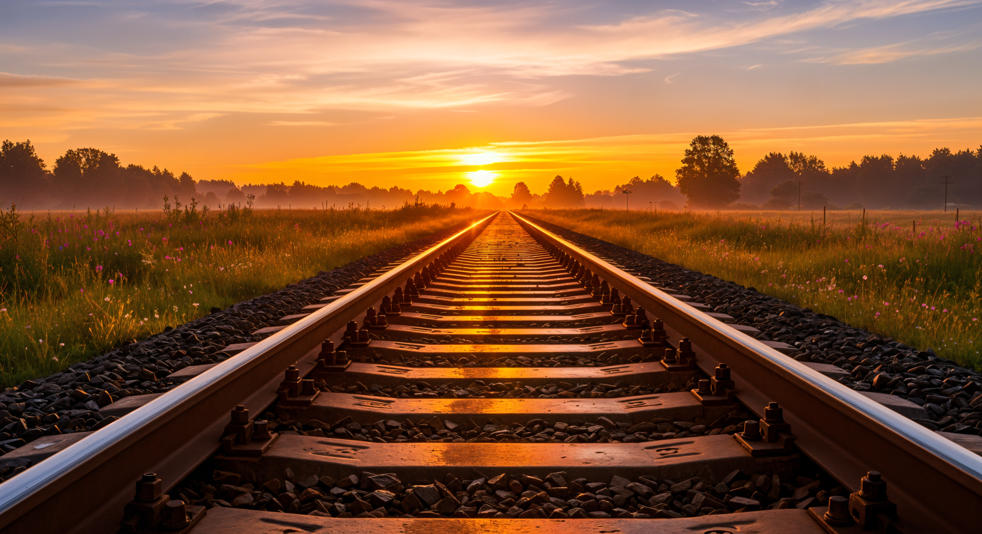 Train tracks at sunrise stretching into a misty horizon across fields — 4K Ultra HD PC desktop wallpaper and background.
