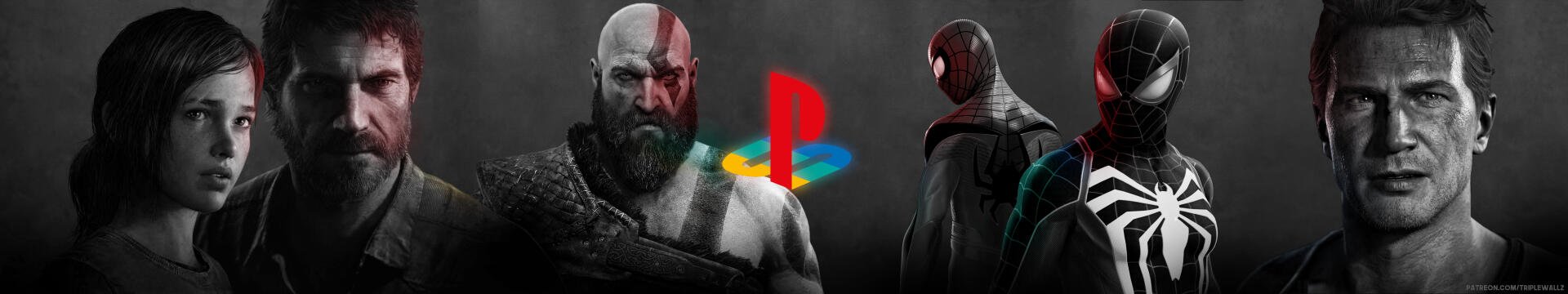 4K PlayStation wallpaper with Kratos (God of War 2018) and Spider-Man flanking a glowing PlayStation logo, with visual nods to The Last of Us and Uncharted 4: A Thief's End.