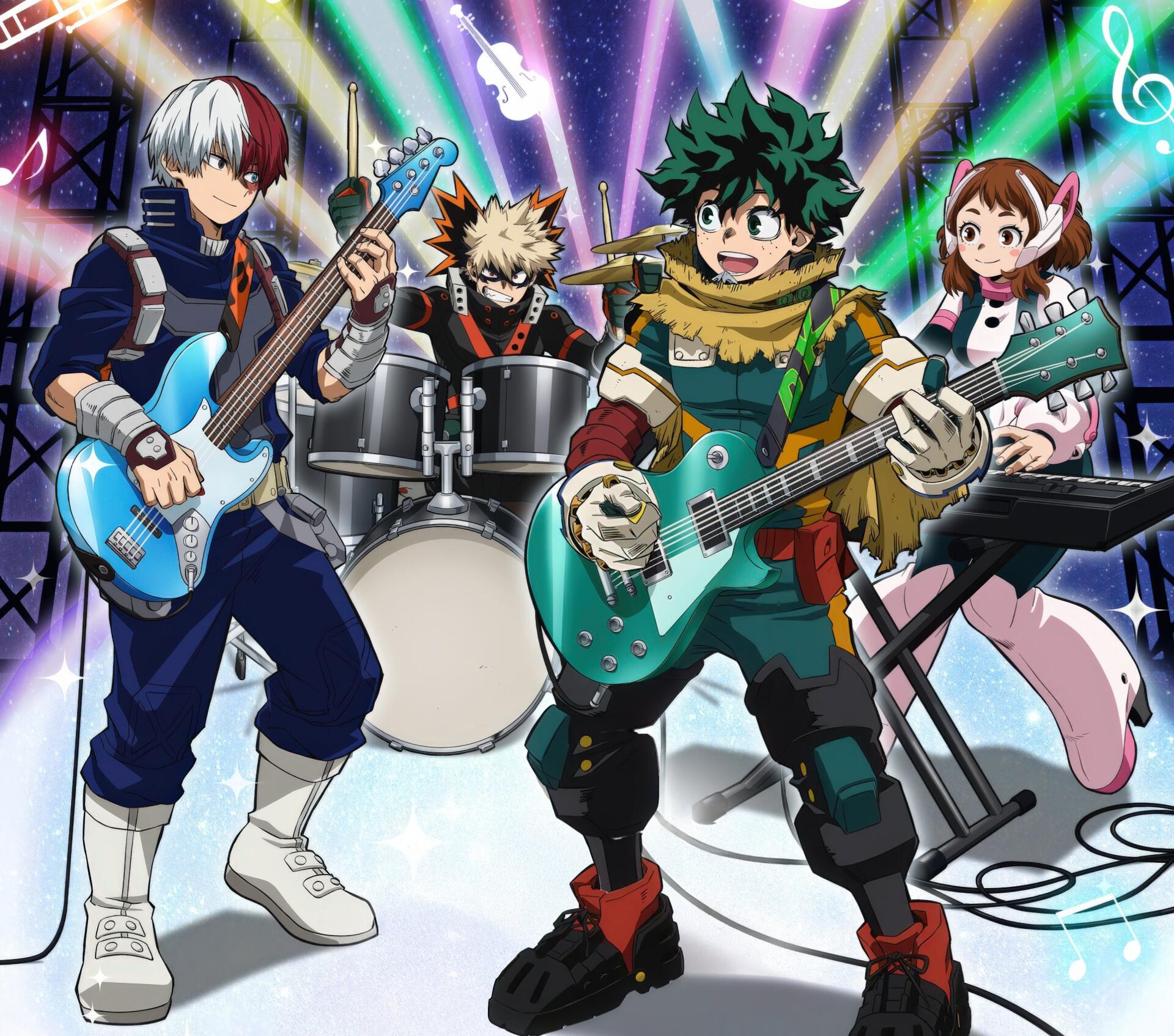 Anime My Hero Academia 2K Quad HD PC desktop wallpaper/background: Midoriya, Uraraka, Todoroki and Bakugo rocking out as a band with guitars, drums and vibrant stage lights.