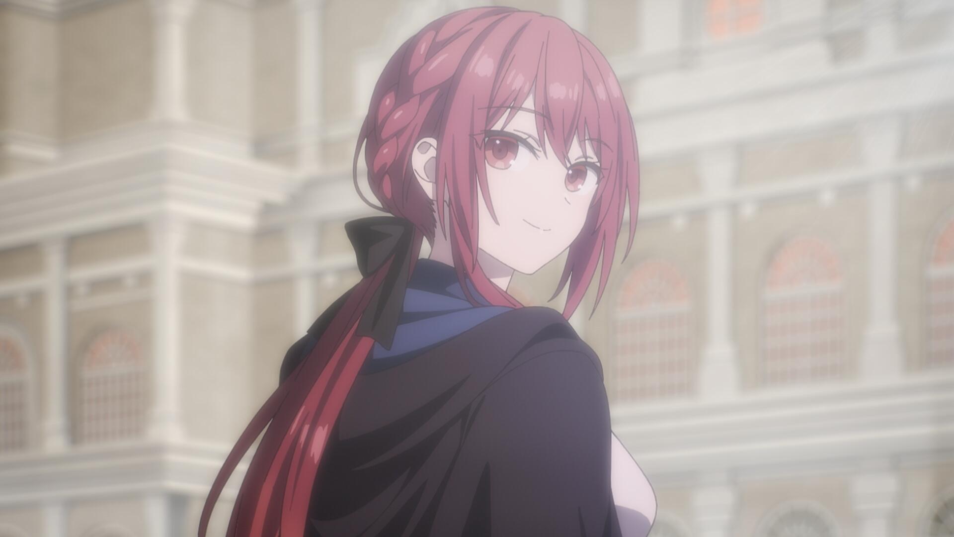 HD PC desktop wallpaper of Selma Clodel from the anime Jack-of-All-Trades Party of None: red-haired woman in a dark cloak gazing over a sunlit plaza with classical architecture.