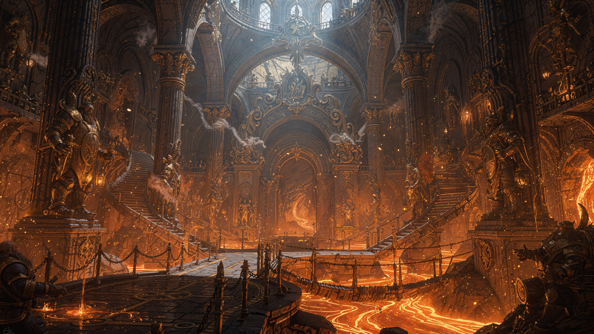 4K Ultra HD PC desktop wallpaper and background: a molten-lit Gothic throne hall with flowing lava rivers, ornate statues, chandeliers and vaulted arches.