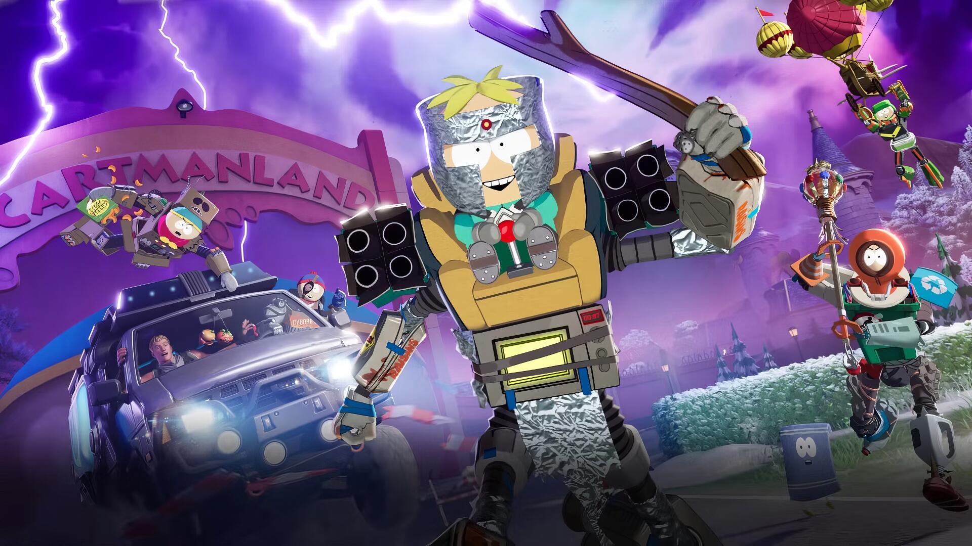 HD PC desktop wallpaper: Fortnite x South Park video game crossover — robotic Cartman leads a neon, stormy battle with other characters and vehicles under a purple lightning sky.