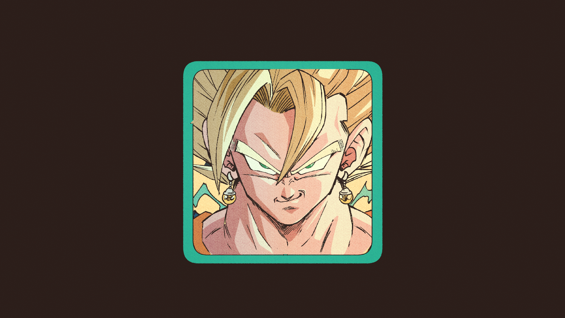 Minimalist 4K Ultra HD PC wallpaper: Vegito (Dragon Ball Z) as Super Saiyan 2, close-up portrait with glowing golden hair in a teal-framed square on a dark background.
