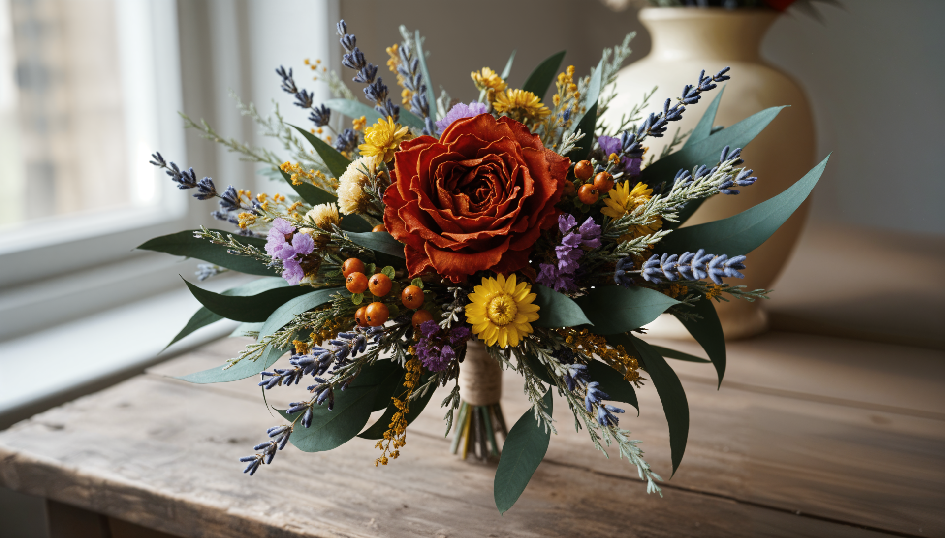 4K Ultra HD PC desktop wallpaper of a dried flower bouquet: rust-red rose, lavender sprigs, yellow blooms and eucalyptus on a wooden windowsill.