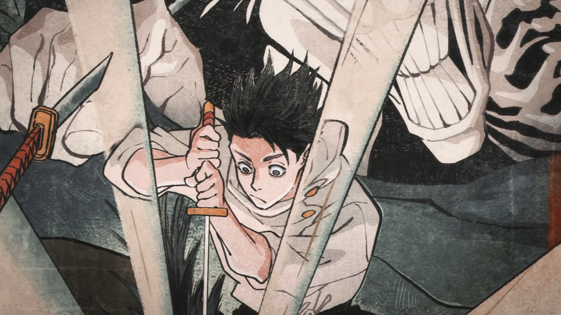 HD PC wallpaper of Yuta Okkotsu (Jujutsu Kaisen) gripping a sword as a menacing skeletal spirit looms behind him.