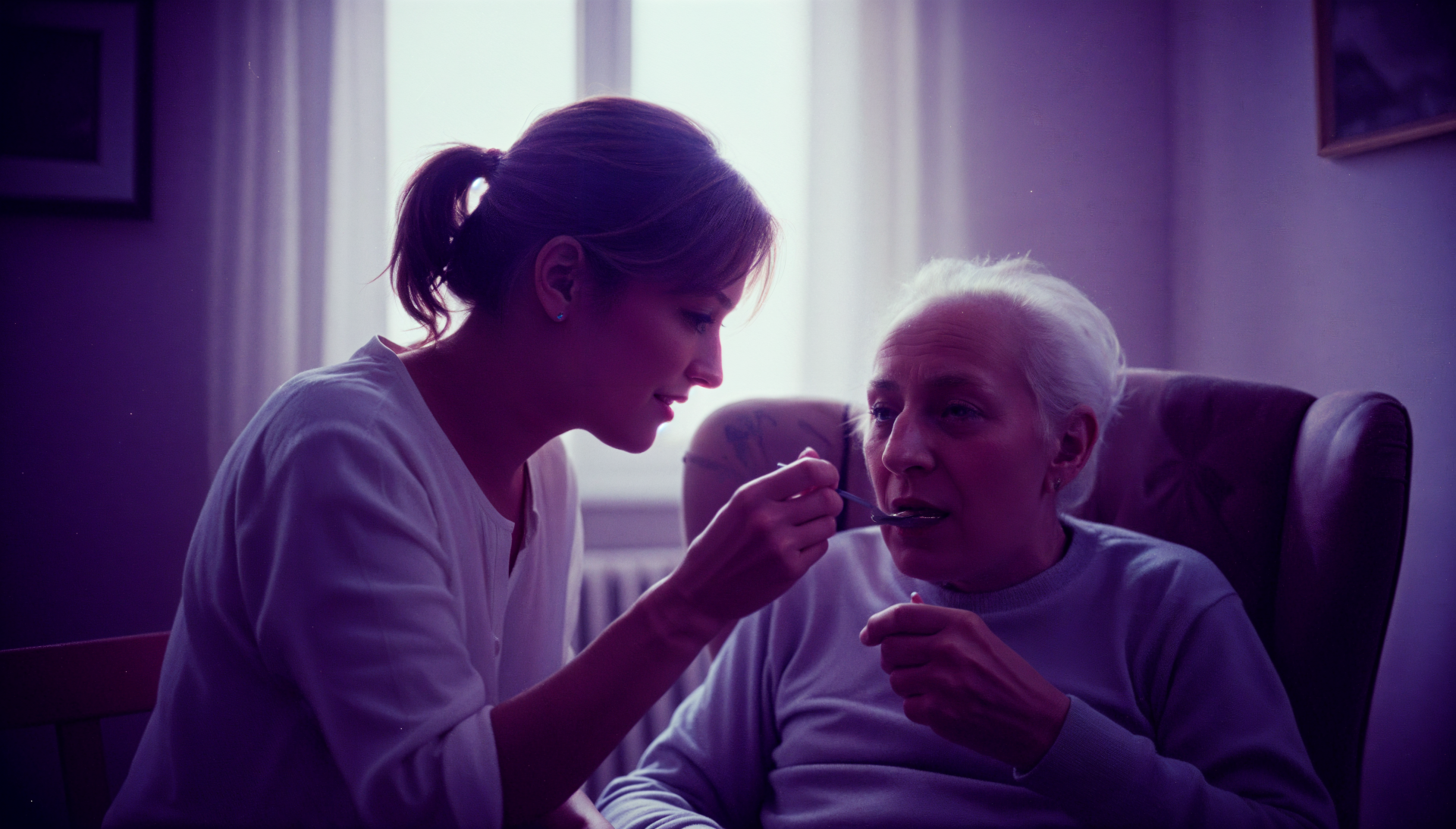 Caregiver feeding an elderly person in a softly lit room, a warm intimate scene rendered as a 4K Ultra HD PC desktop wallpaper background.