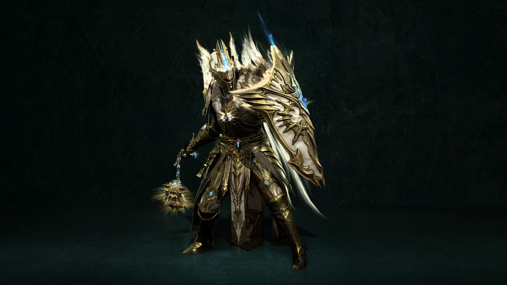 Video game Diablo IV character in ornate golden armor and spiked shield, wielding a flail — HD PC desktop wallpaper background.