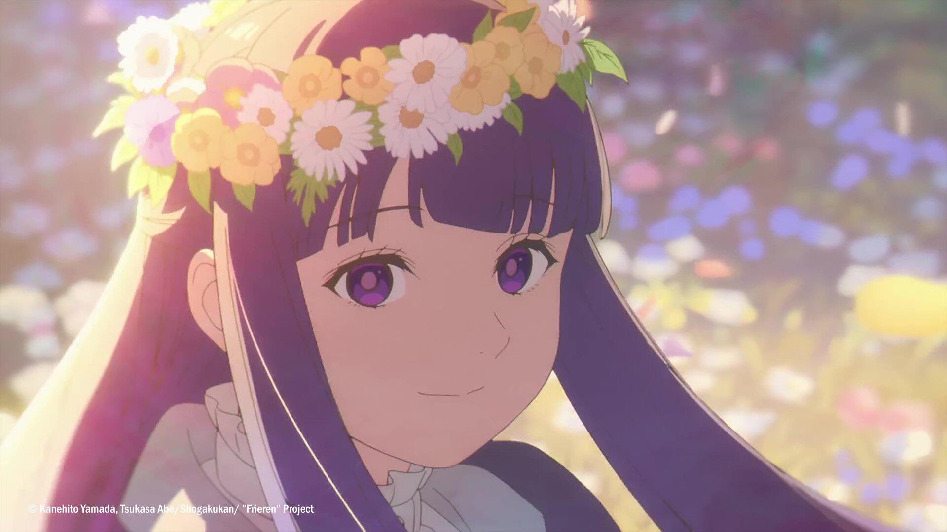Anime HD PC desktop wallpaper of Fern from Frieren: Beyond Journey's End, smiling with a flower crown against a soft sunlit bokeh background.