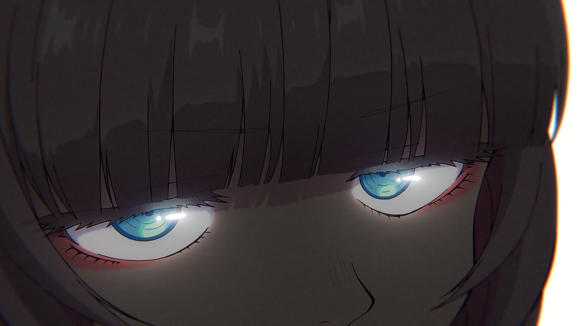 HD PC desktop wallpaper: close-up of Nazuna Nanakusa (Call of the Night), shadowed face with blunt bangs and glowing teal anime eyes.