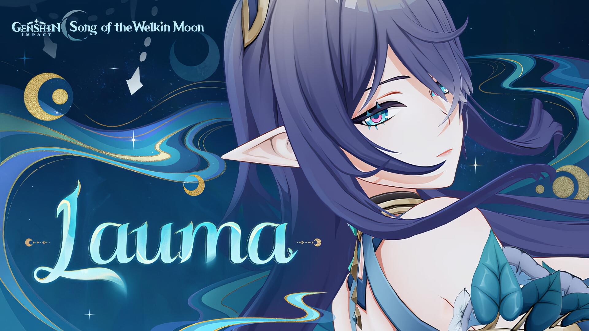 HD PC desktop wallpaper of Lauma from the video game Genshin Impact: close-up portrait with flowing blue hair, elven ears and teal eyes amid swirling moonlit magic on a starry navy background.