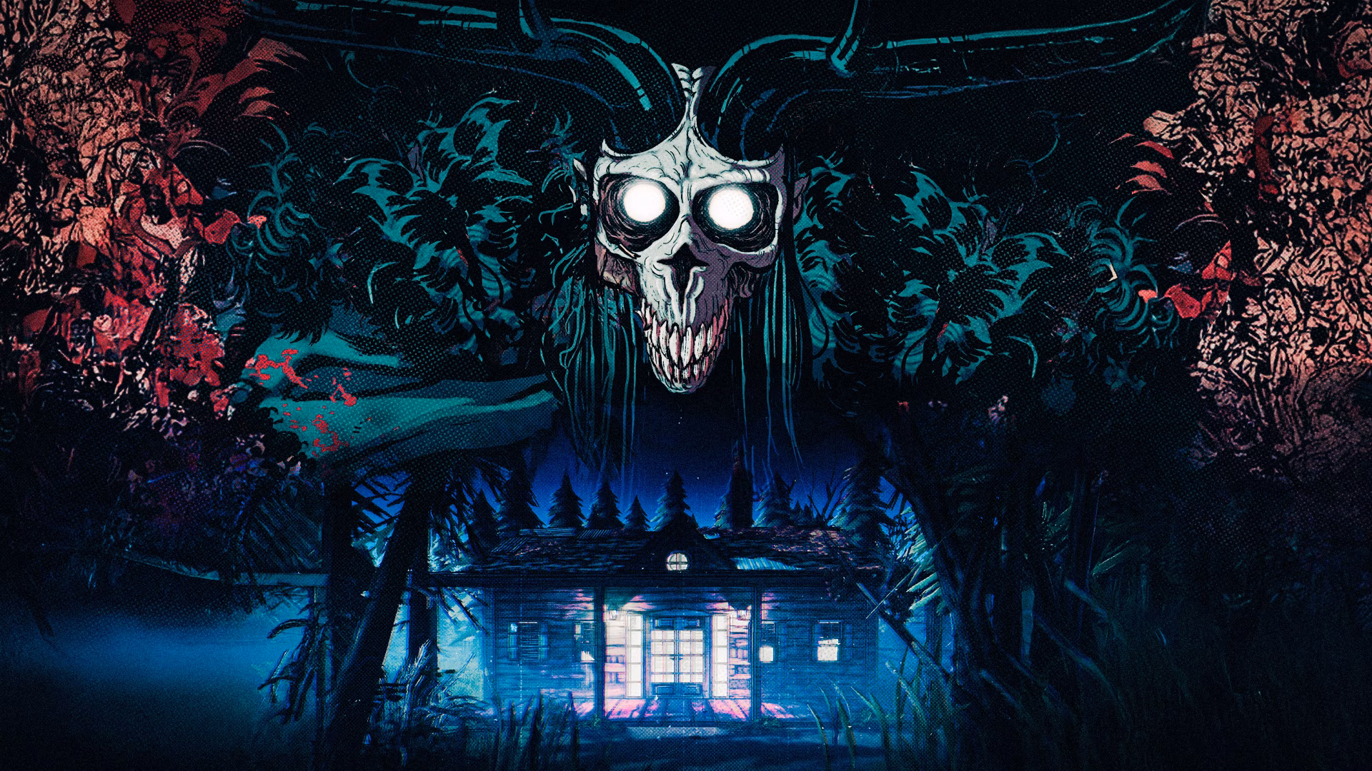4K Ultra HD PC wallpaper — gaming art for the video game I Hate This Place: glowing-eyed horned skull looming over a moonlit cabin in a dark, floral forest.