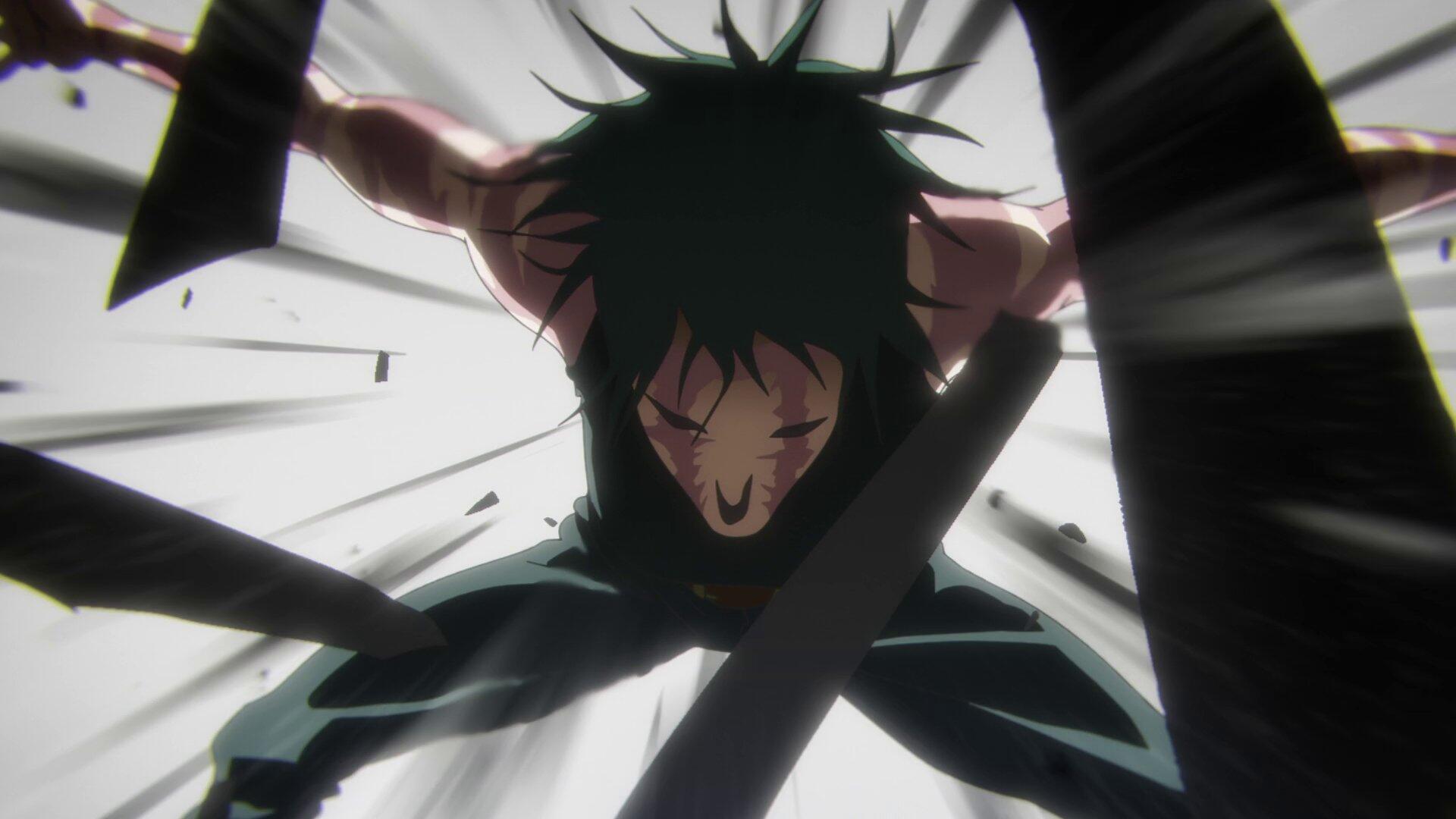 HD PC desktop wallpaper: dynamic low-angle anime shot of Maki Zenin (Jujutsu Kaisen) lunging with blades, intense expression and motion blur.