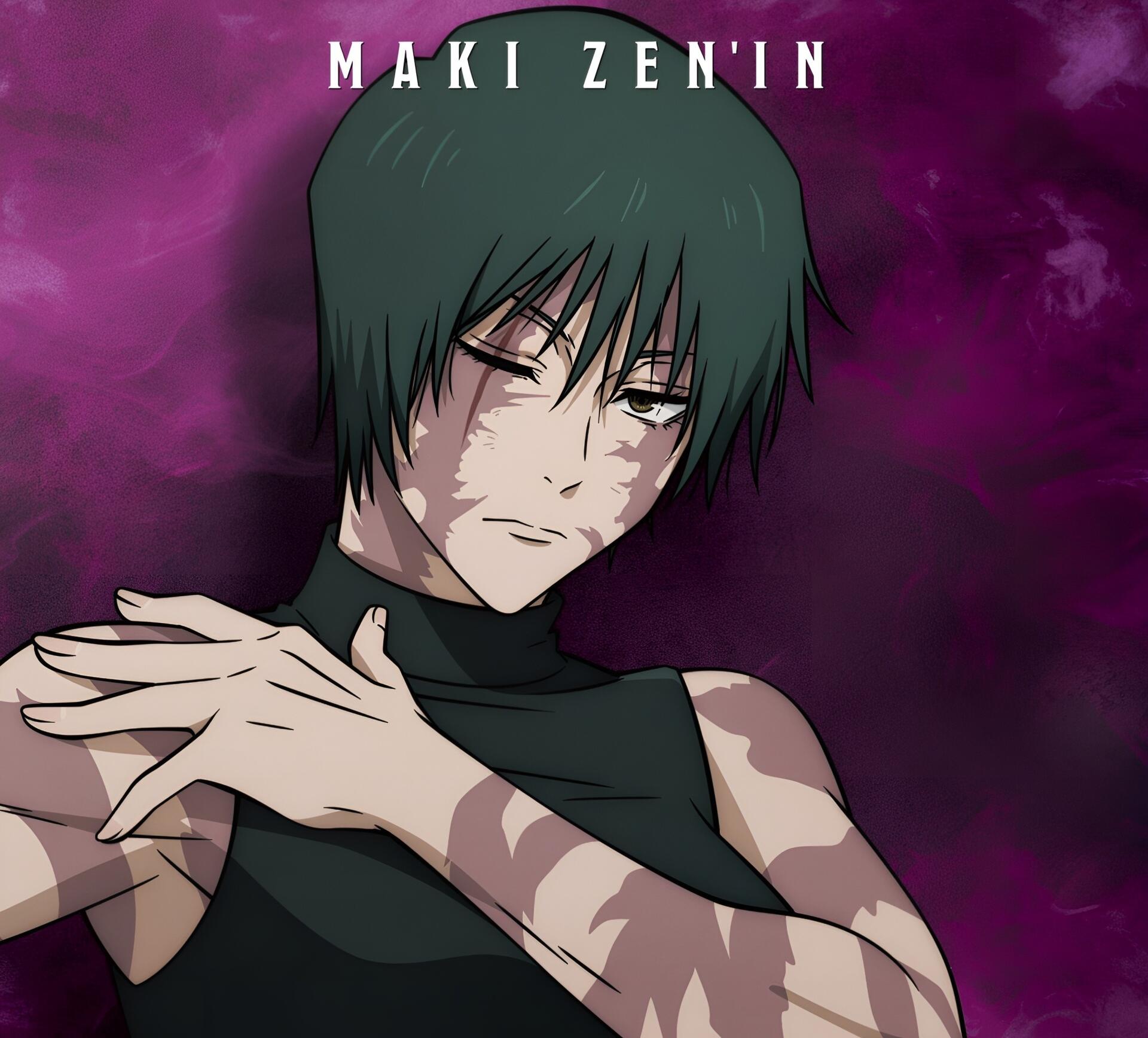 2K Quad HD PC desktop wallpaper/background of Maki Zenin from Jujutsu Kaisen, clutching her shoulder with a grim expression against a purple, smoky backdrop.
