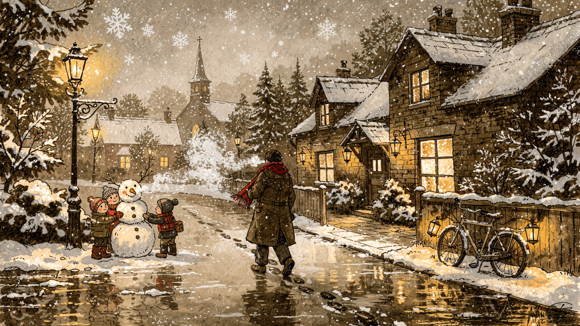 4K Ultra HD PC desktop wallpaper background of a snowy village at dusk with snowfall: lamplit cottages, children building a snowman and a lone walker on a wet, reflective street.