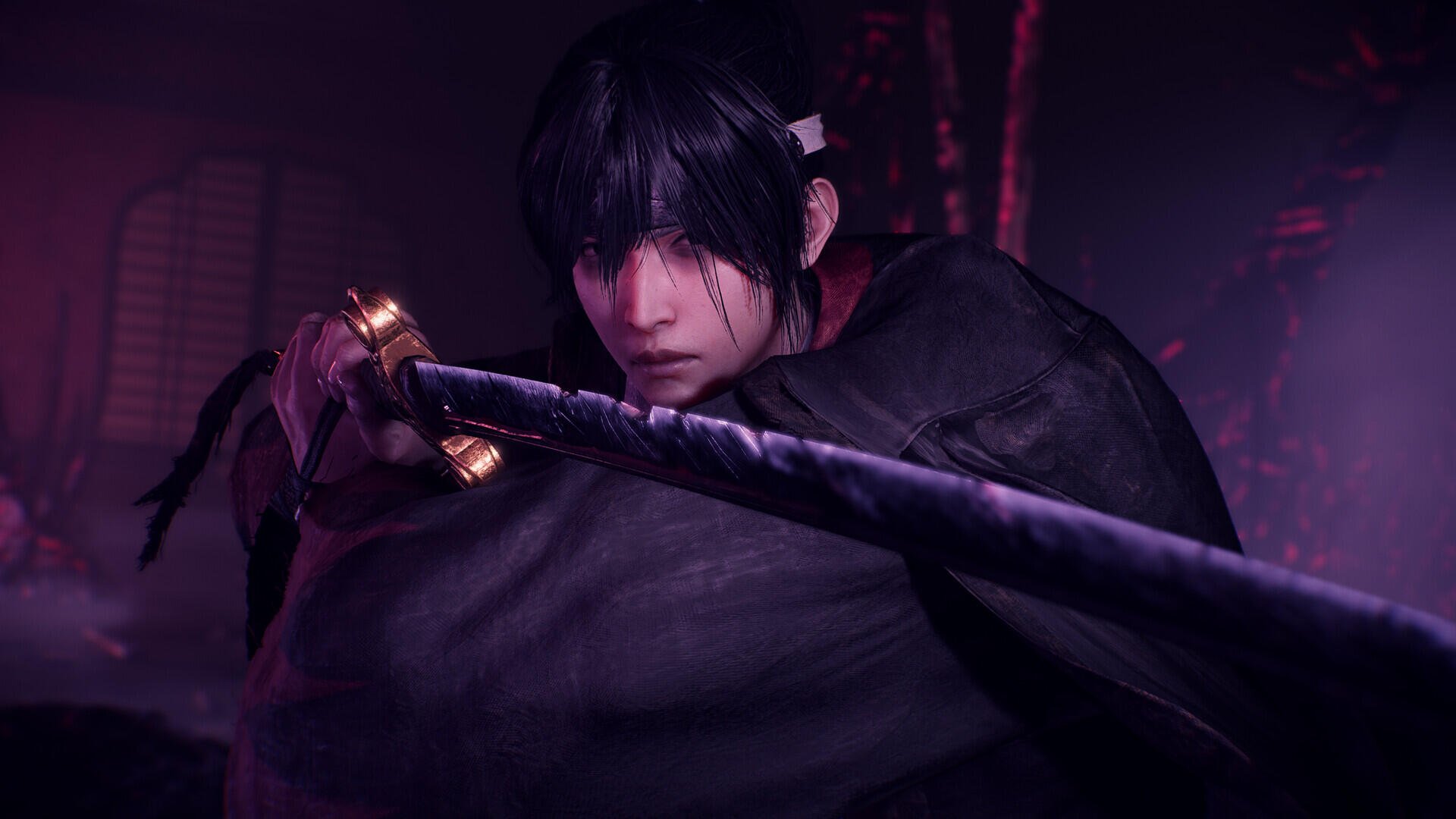 Nioh 3 video game HD PC desktop wallpaper — moody close-up of a dark-haired samurai gripping a long polearm bathed in purple ambient light.