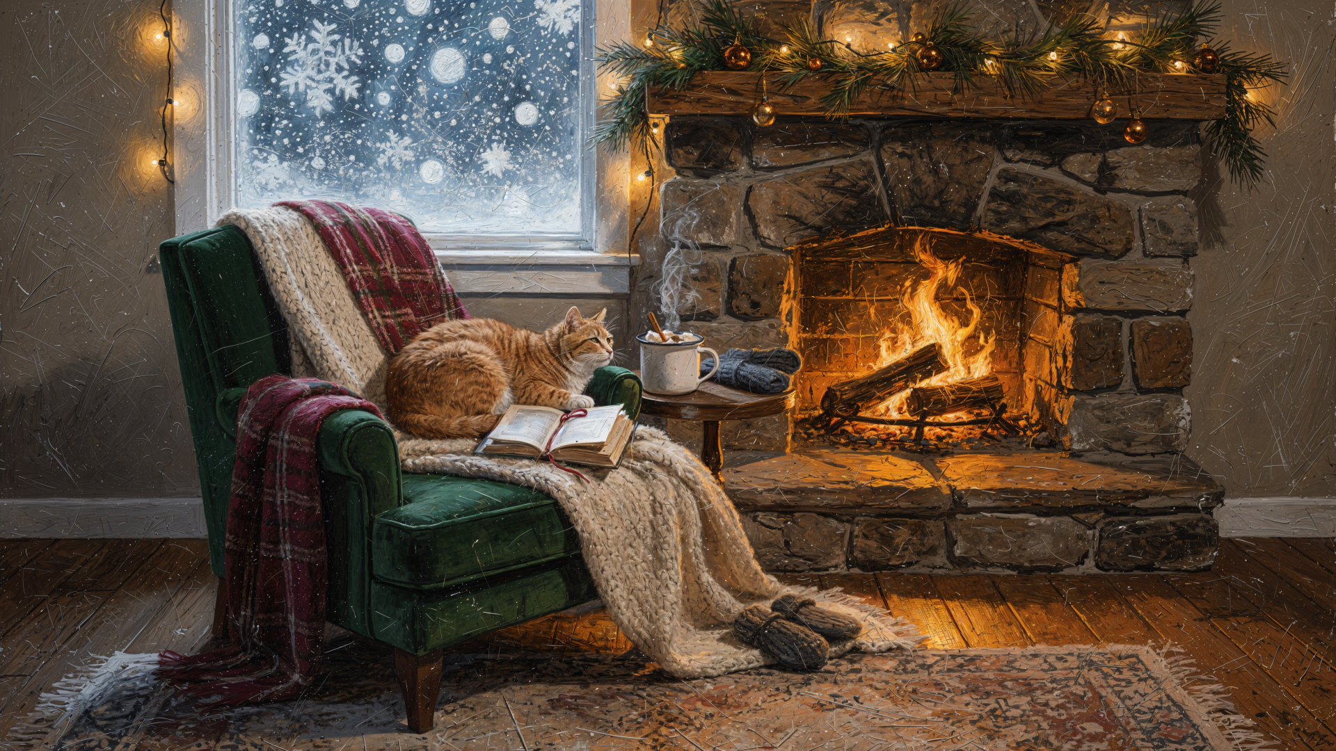 Cozy winter 4K Ultra HD PC desktop wallpaper — a cat naps on a blanket-draped armchair beside a roaring stone fireplace, open book, snowy window and warm string lights.