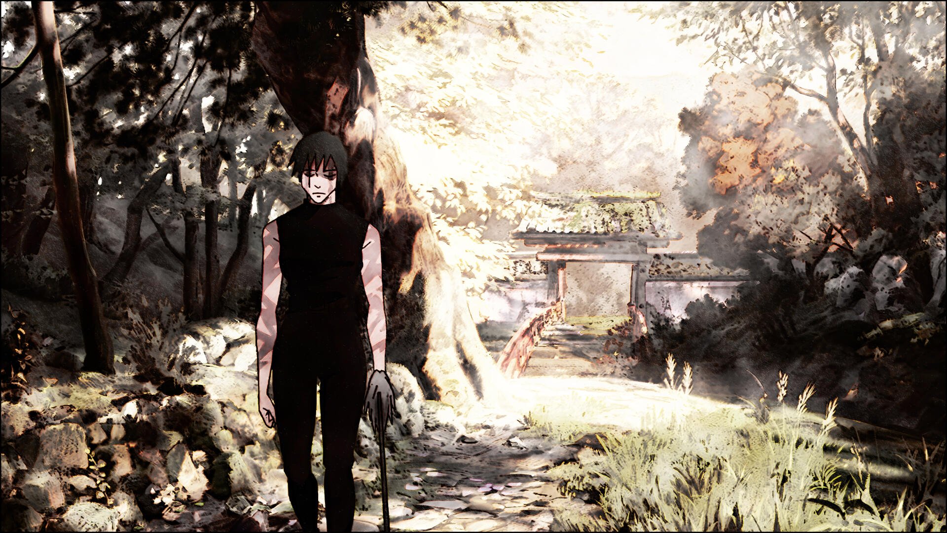 4K Ultra HD PC desktop wallpaper of Maki Zenin (Jujutsu Kaisen, Jujutsu Kaisen 3rd Season) — anime scene: she stands with her weapon on a sunlit shrine path amid trees and a torii gate.