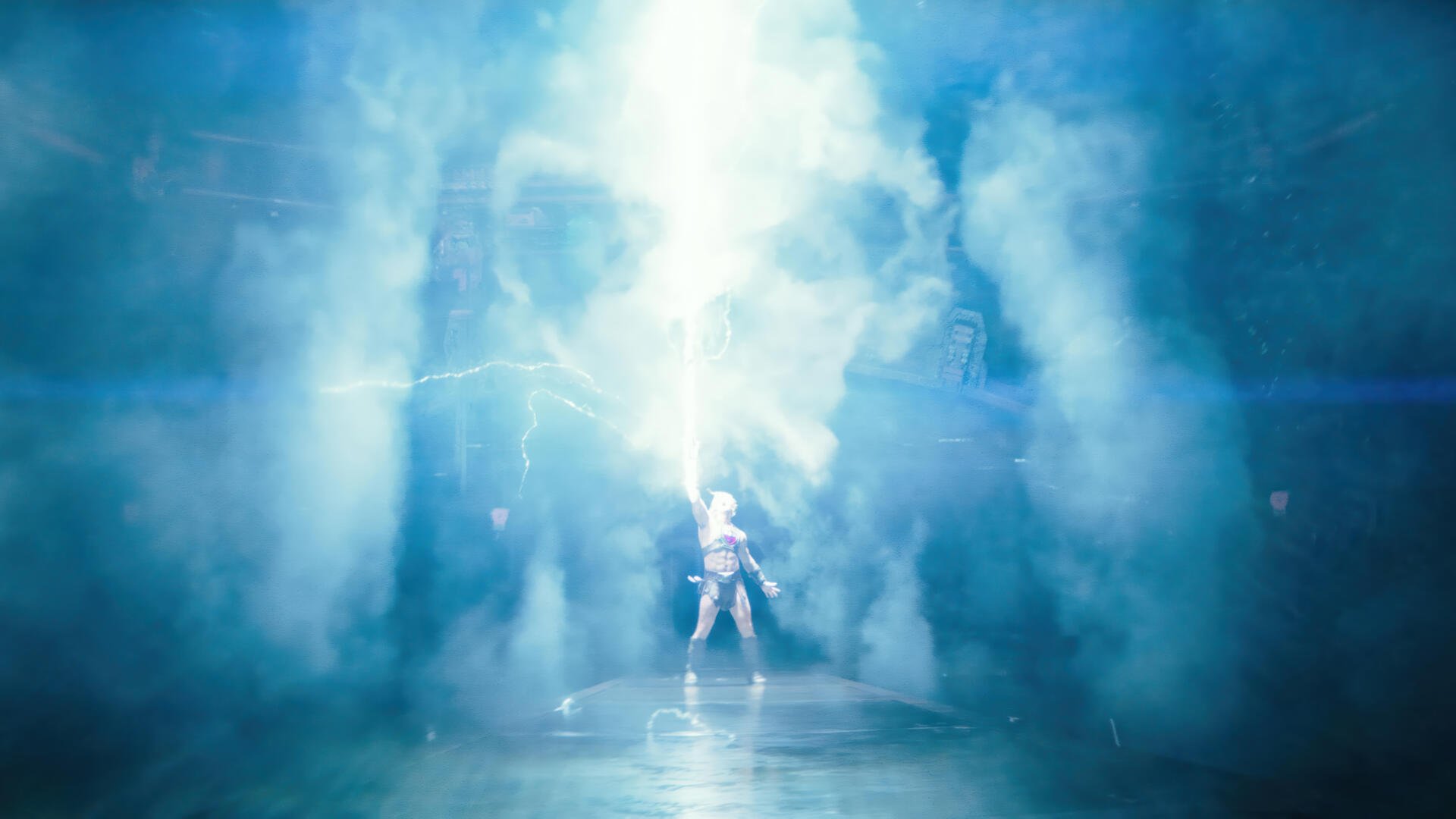 Epic 4K Ultra HD PC desktop wallpaper and background from the Masters of the Universe (2026) movie: lone hero bathed in blue-white light amid swirling mist and a skull-shaped cloud.