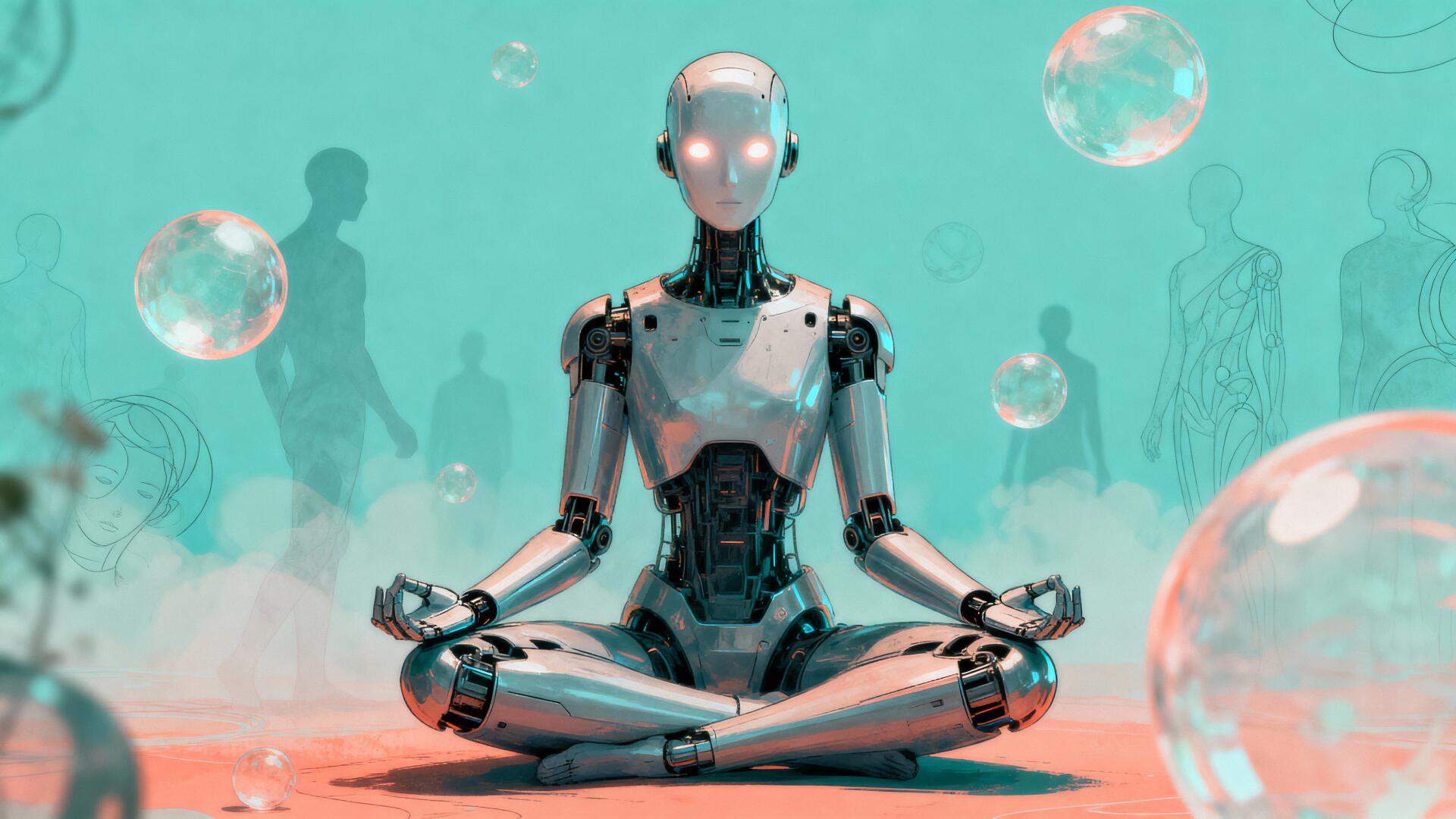 4K Ultra HD PC desktop wallpaper and background: a meditating humanoid robot seated cross-legged on a sandy surface, glowing eyes and translucent bubbles against a teal backdrop.