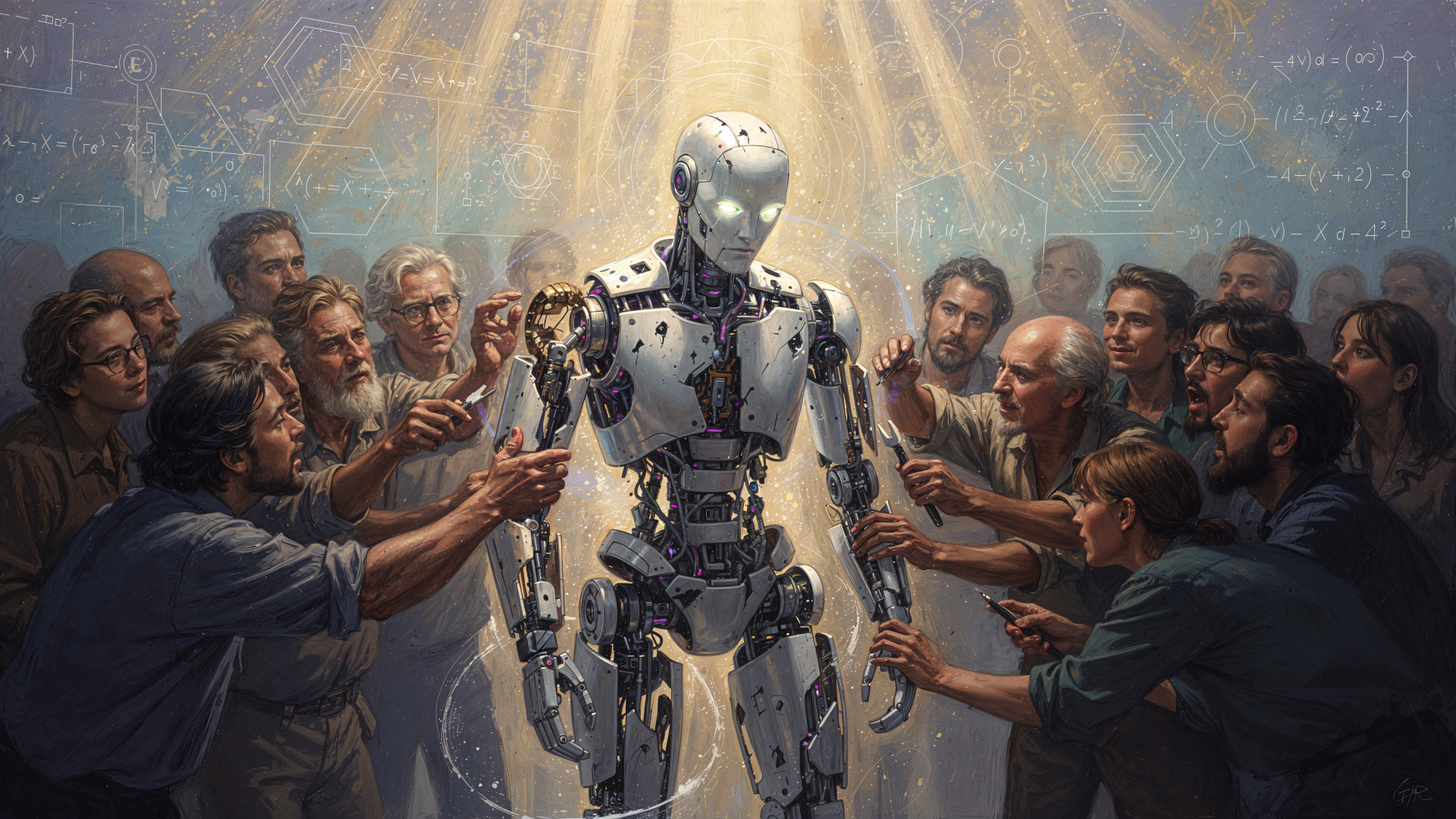 4K Ultra HD PC desktop wallpaper and background: a humanoid robot bathed in golden light as a crowd of people reaches toward it, chalkboard equations and diagrams glowing behind.