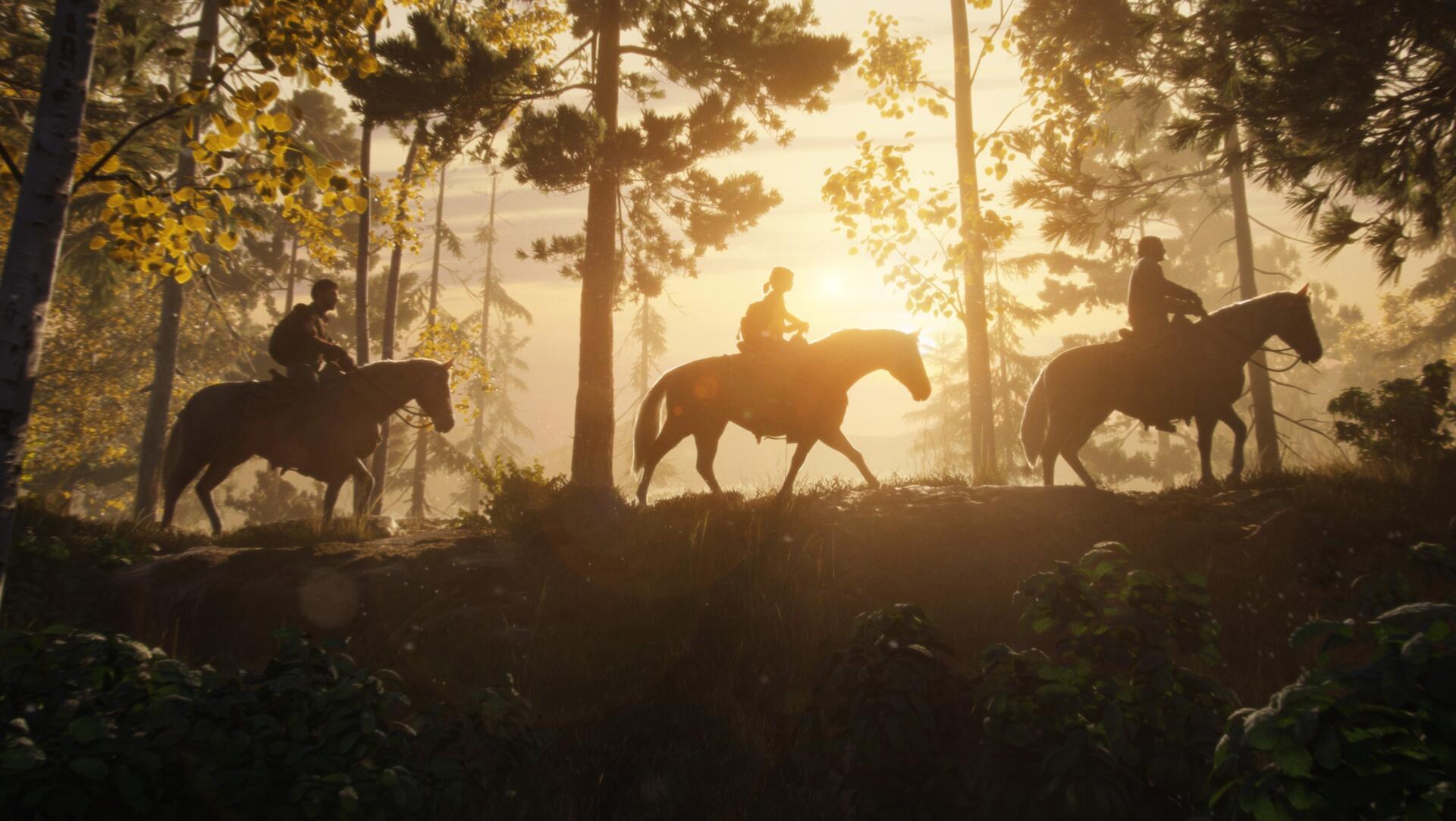 2K Quad HD desktop wallpaper from The Last of Us Part I: three riders on horseback silhouetted against golden sunlight filtering through a forest.