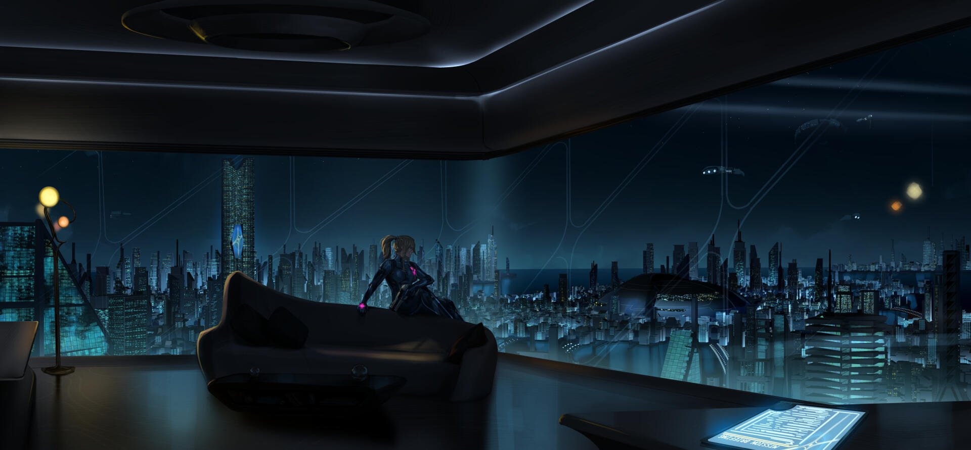 2K Quad HD digital PC desktop wallpaper: Samus Aran (Metroid Prime) silhouetted against a neon sci‑fi futuristic cityscape, viewed from a high‑tech apartment overlooking the metropolis.