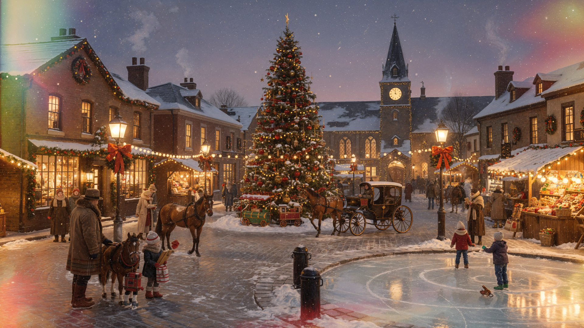 4K Ultra HD PC desktop wallpaper and background: snowy Christmas town square at dusk with a decorated central tree, twinkling lights, market stalls, clock tower and horse-drawn carriage.