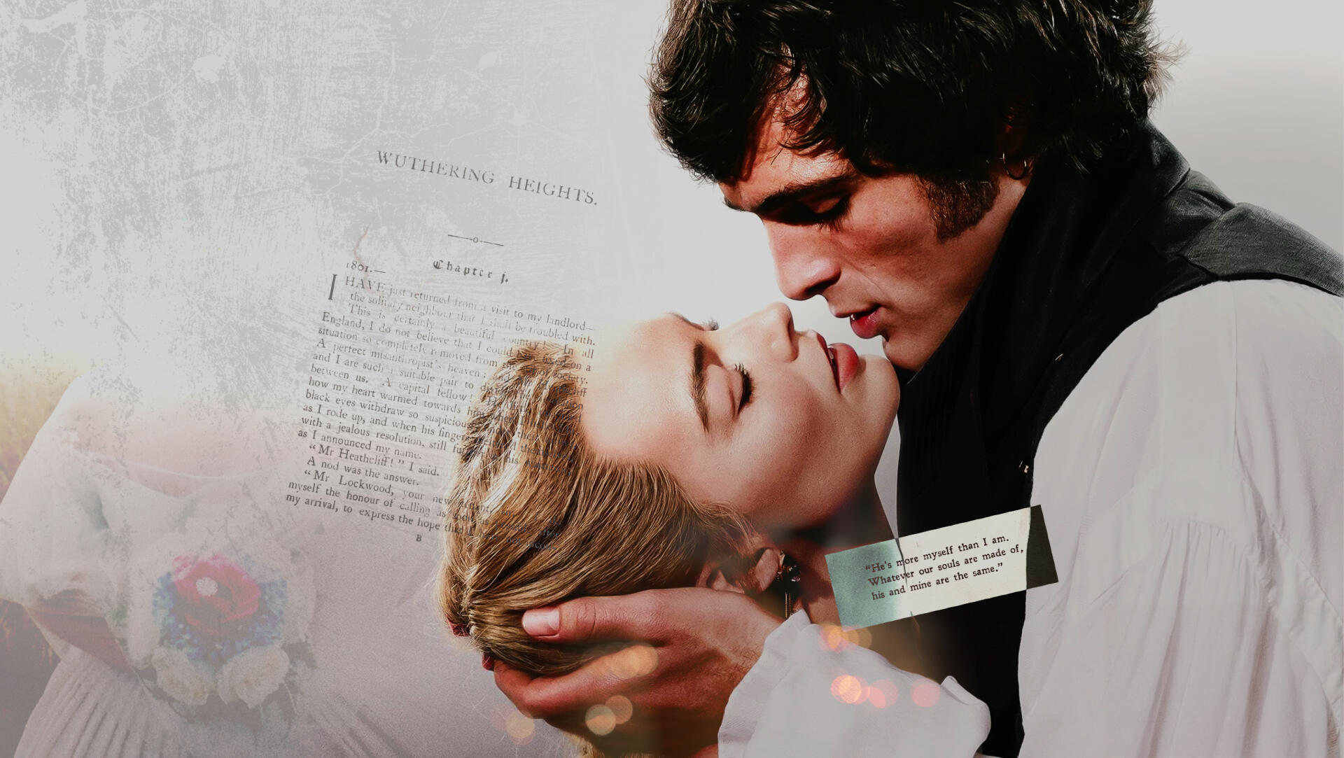 Wuthering Heights 2K Quad HD desktop wallpaper showing two actors in a passionate romantic embrace over faded manuscript pages and soft floral textures.