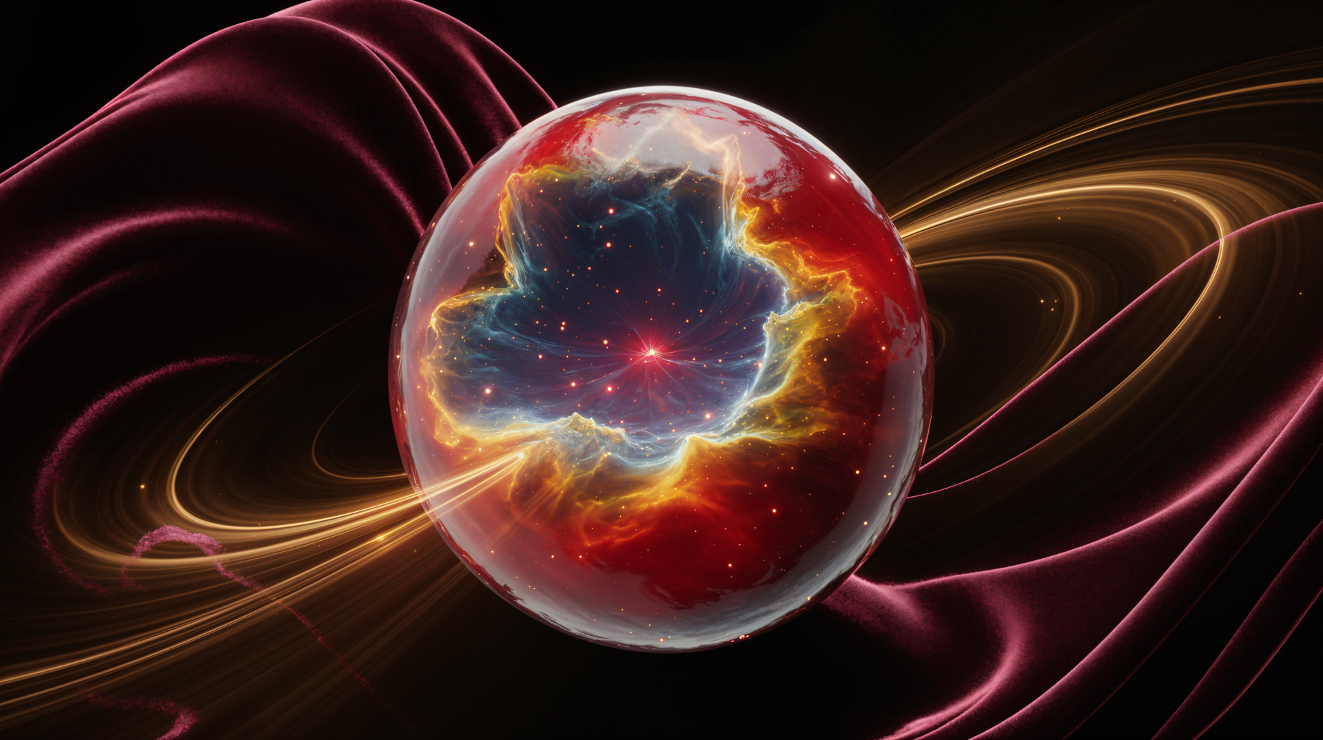 4K Ultra HD PC desktop wallpaper — glowing glass-like cosmic orb containing a fiery nebula, surrounded by golden rings and magenta energy trails on a deep space black background.