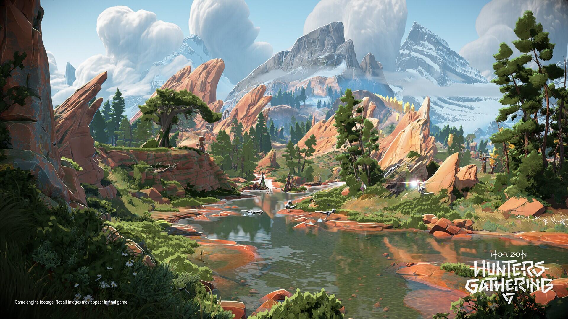 Vibrant mountain and river valley scene from the video game Horizon Hunters Gathering — rocky outcrops, pine forests and snowy peaks; HD PC desktop wallpaper/background.