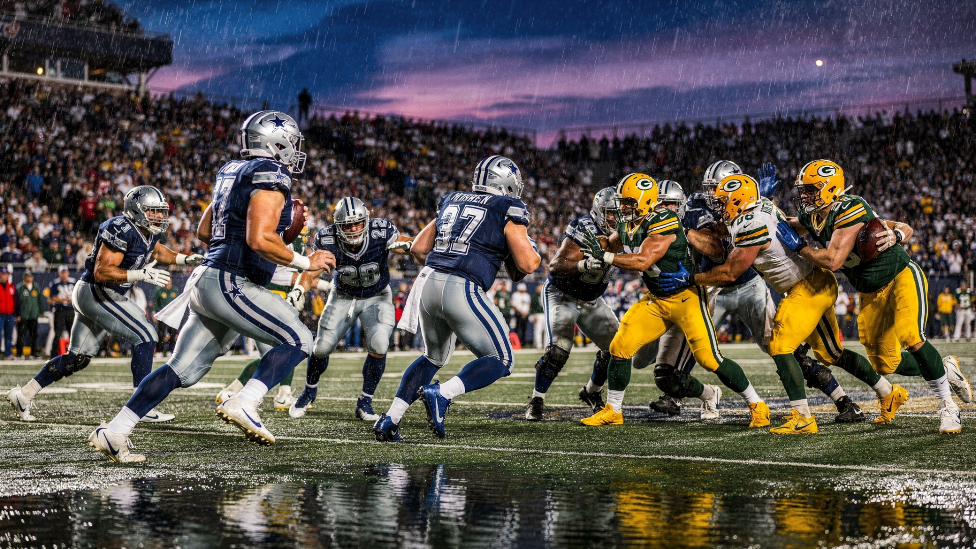 HD PC desktop wallpaper: NFL Super Bowl action — Dallas Cowboys and Green Bay Packers clash at the line of scrimmage in a dramatic, rain-slicked stadium background.