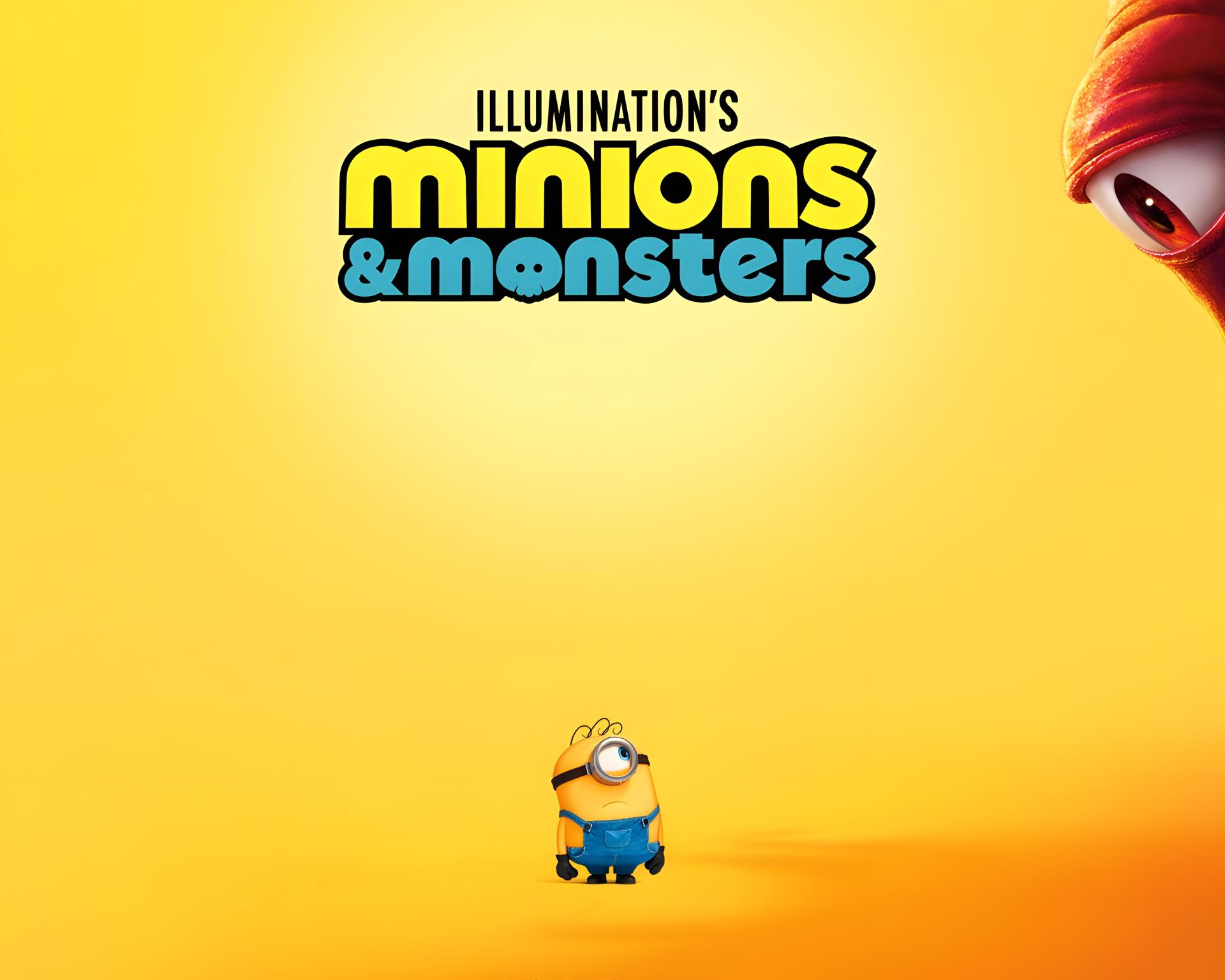 Bright yellow 4K Ultra HD PC desktop wallpaper for the movie Minions & Monsters, showing the title logo at the top and a small Minion standing at the bottom center.