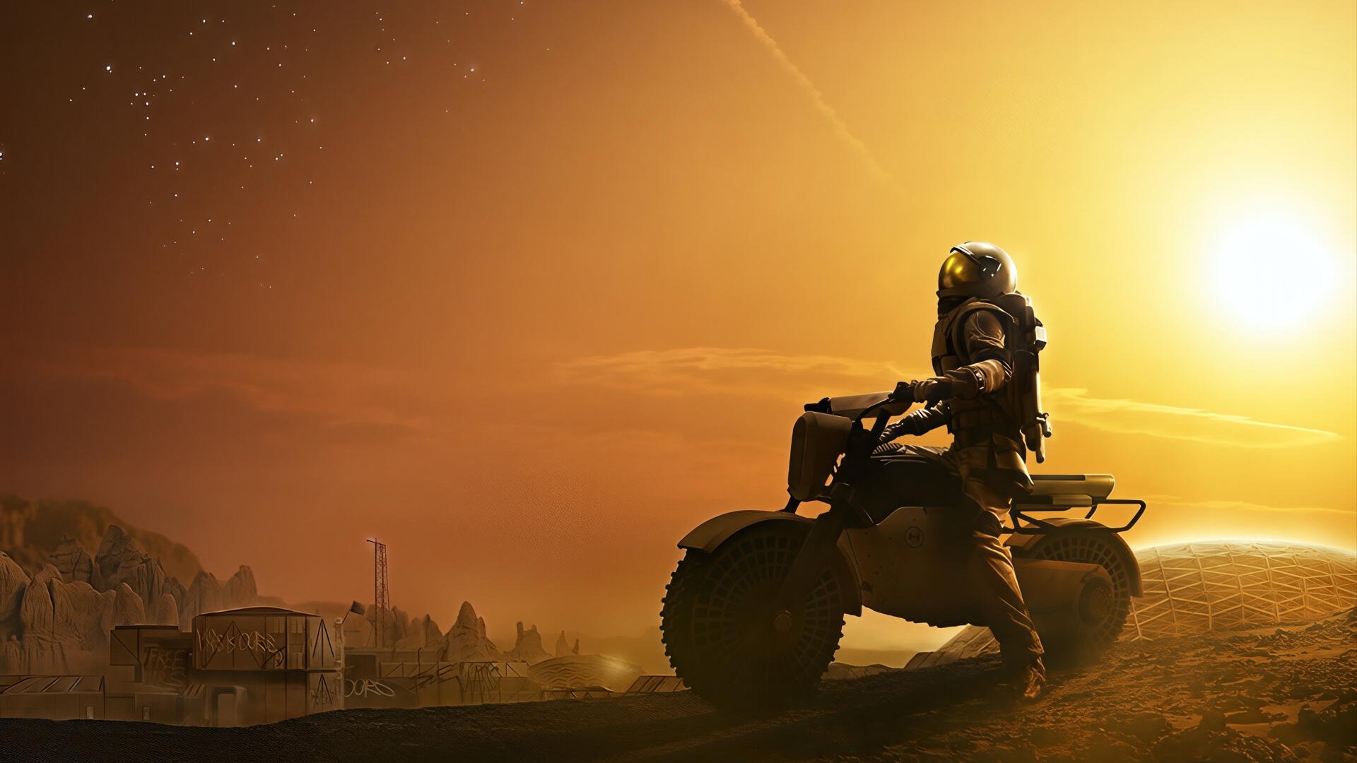 For All Mankind TV scene: astronaut on an ATV silhouetted against an alien world's golden sunset, overlooking a distant outpost — 4K Ultra HD PC desktop wallpaper