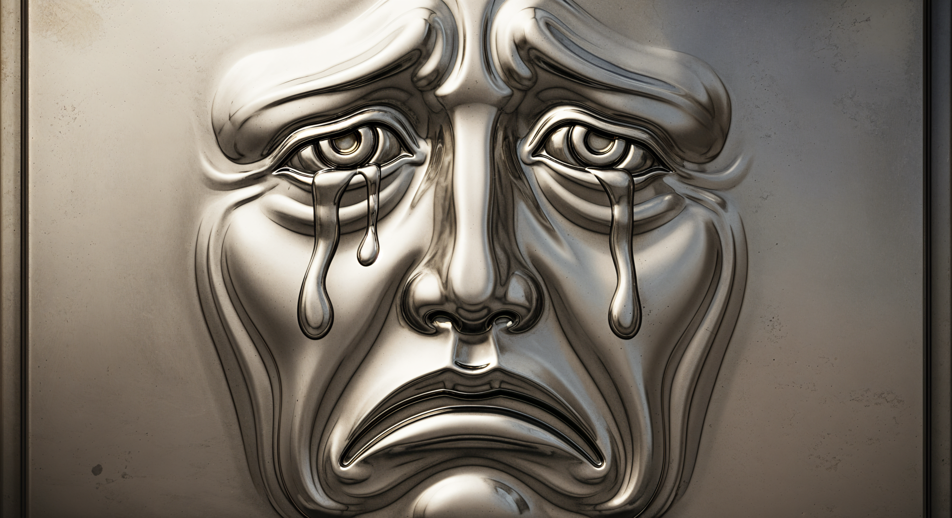 4K Ultra HD PC desktop wallpaper of a metallic, stylized sad face with tear-like drips and reflective, sculpted features conveying deep sorrow.