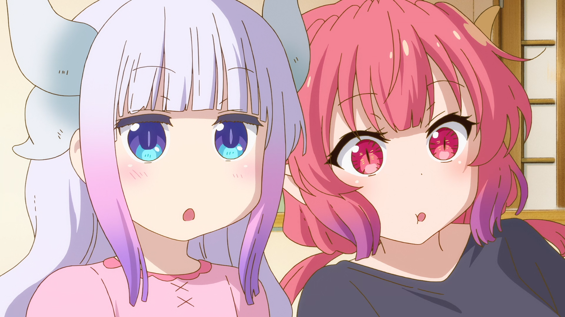 Kanna Kamui and Ilulu from Miss Kobayashi's Dragon Maid: A Lonely Dragon Wants to Be Loved, close-up HD PC desktop wallpaper showing their surprised expressions.