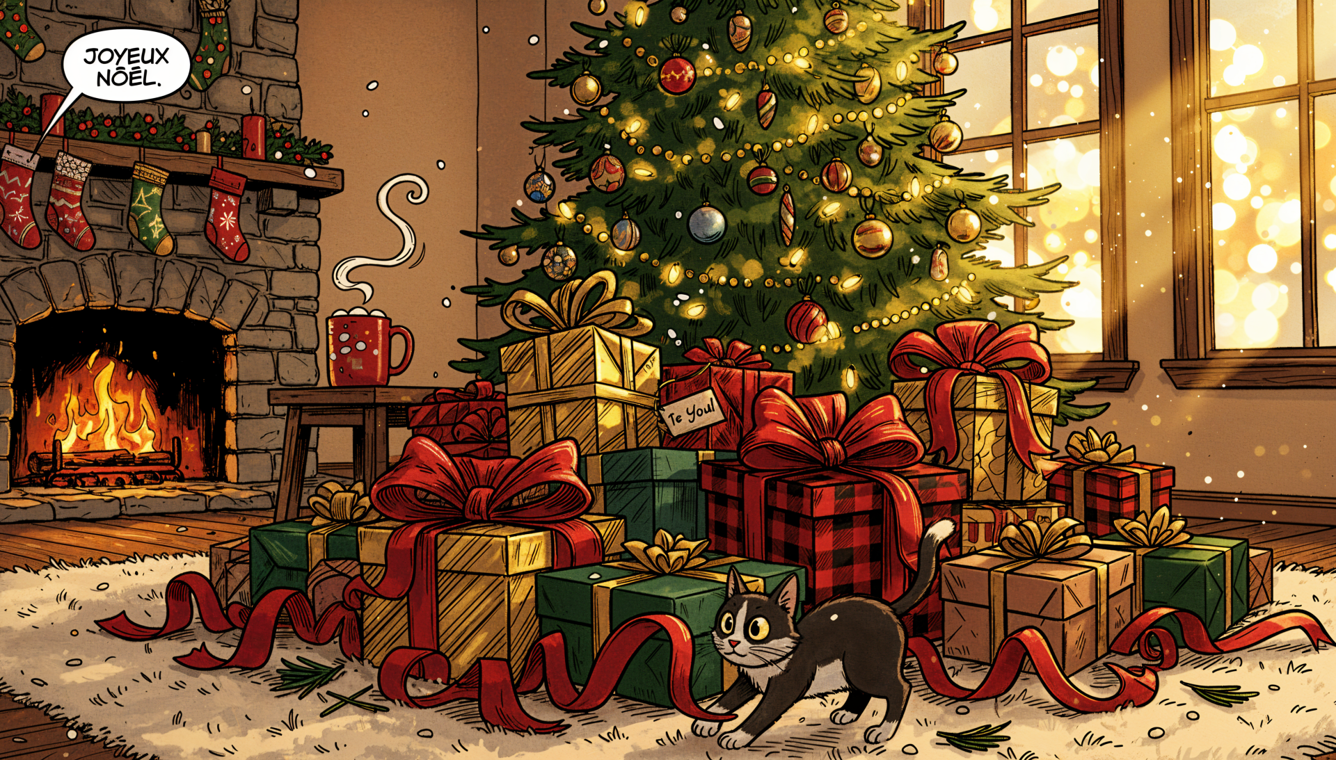 4K Ultra HD PC desktop wallpaper: decorated Christmas tree beside a roaring fireplace, piles of wrapped presents and a curious cat playing with ribbons.