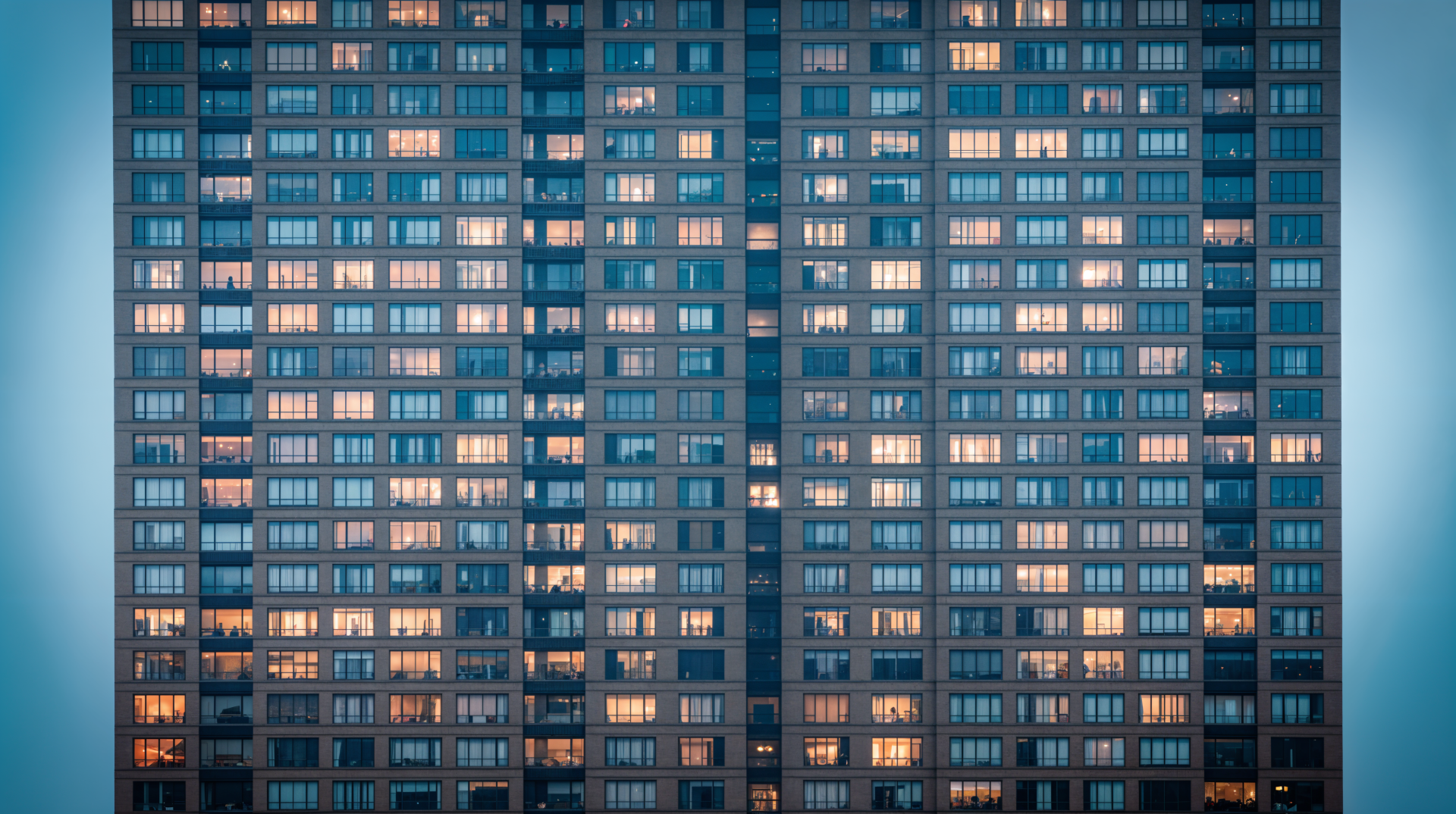 4K Ultra HD PC desktop wallpaper and background: tight grid of illuminated apartment windows on a high-rise facade at dusk, teal tones with warm interior lights.