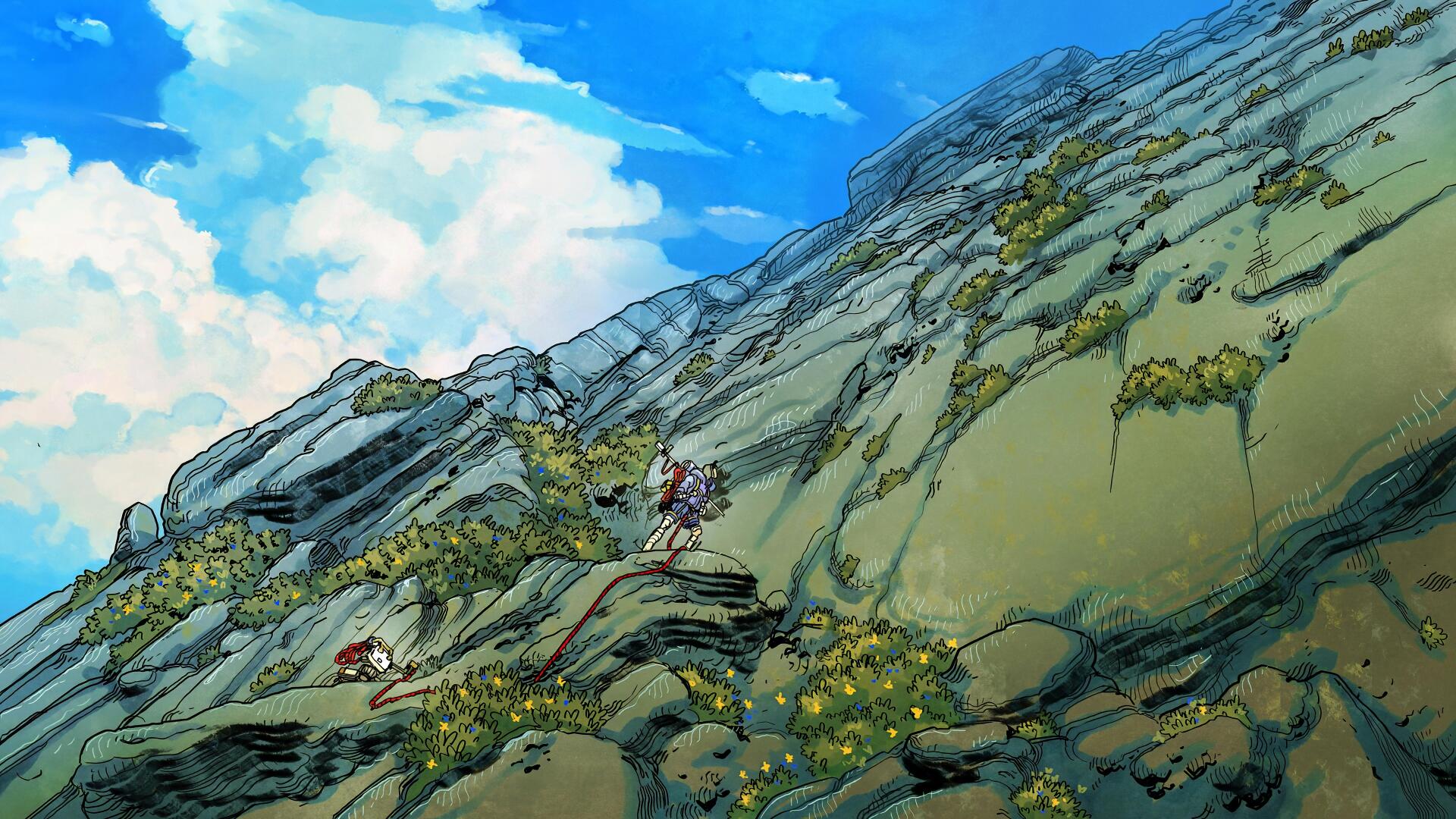 4K Ultra HD PC desktop wallpaper, video game Cairn: stylized rocky mountainside with mossy crevices and two tiny climbers beneath a bright blue sky.