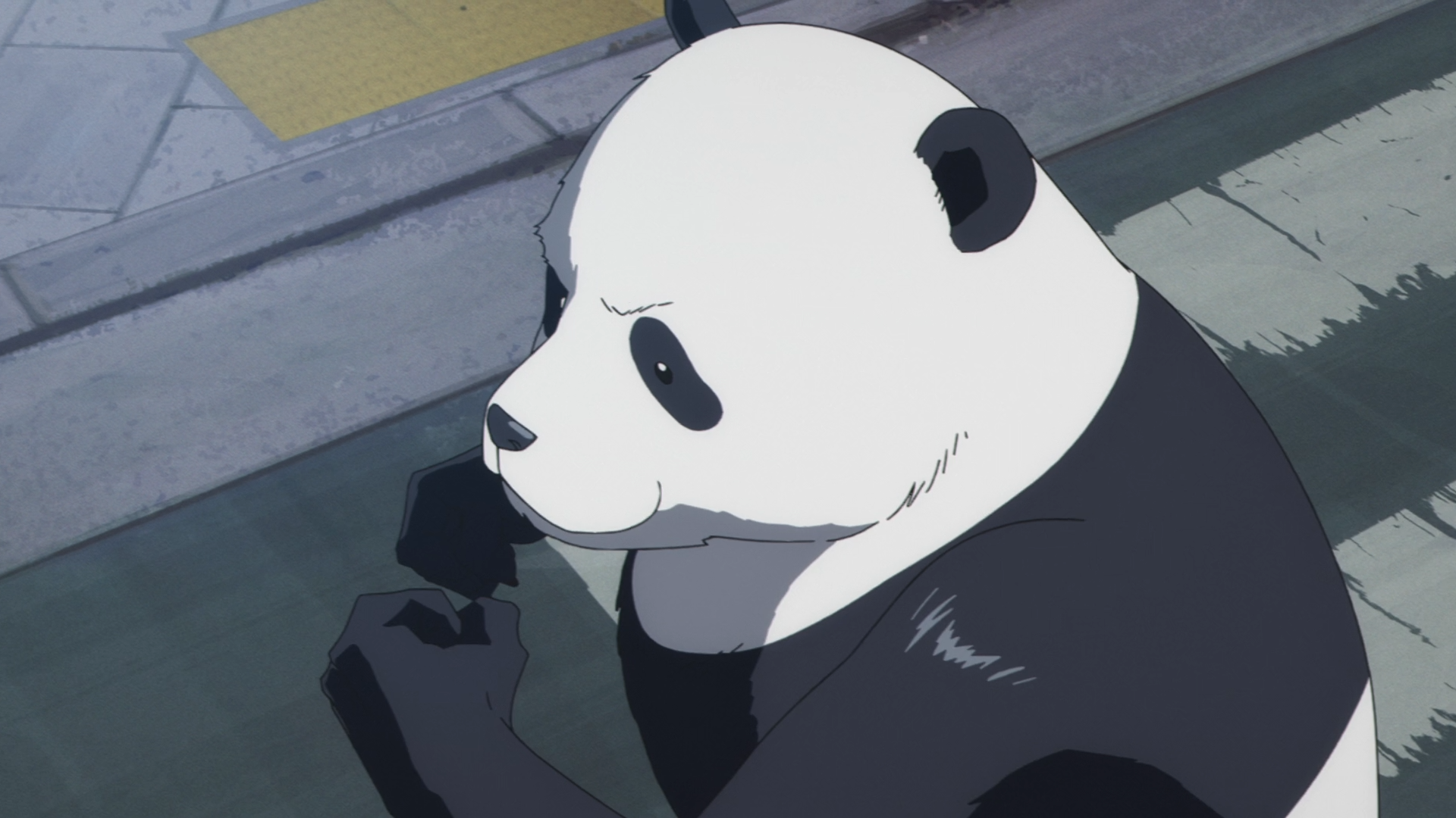 HD anime desktop wallpaper: Panda from Jujutsu Kaisen seated on a sidewalk, gazing up with a calm expression against a muted urban backdrop.