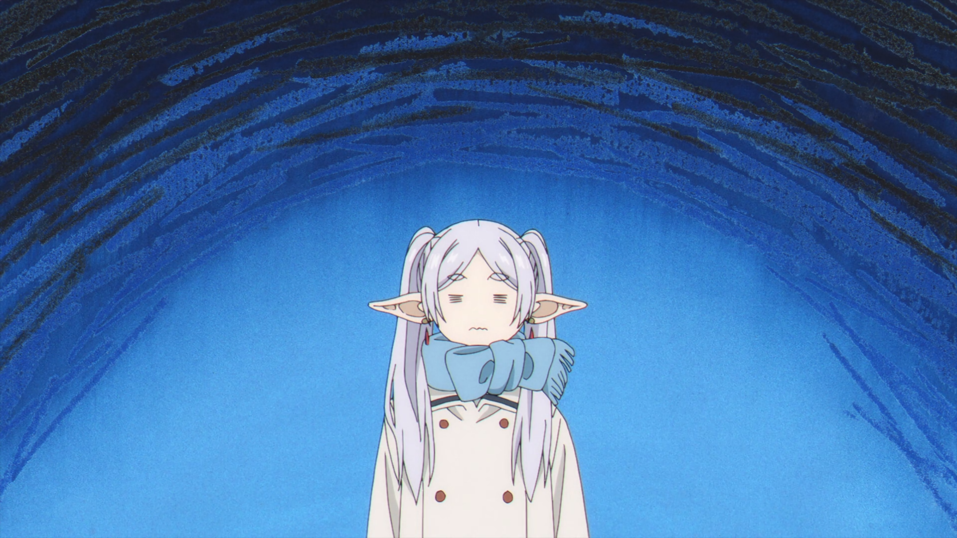 HD PC desktop wallpaper of Frieren from the anime Frieren: Beyond Journey's End — pale-haired elf in a coat and blue scarf, standing serenely against a textured deep-blue tunnel background.