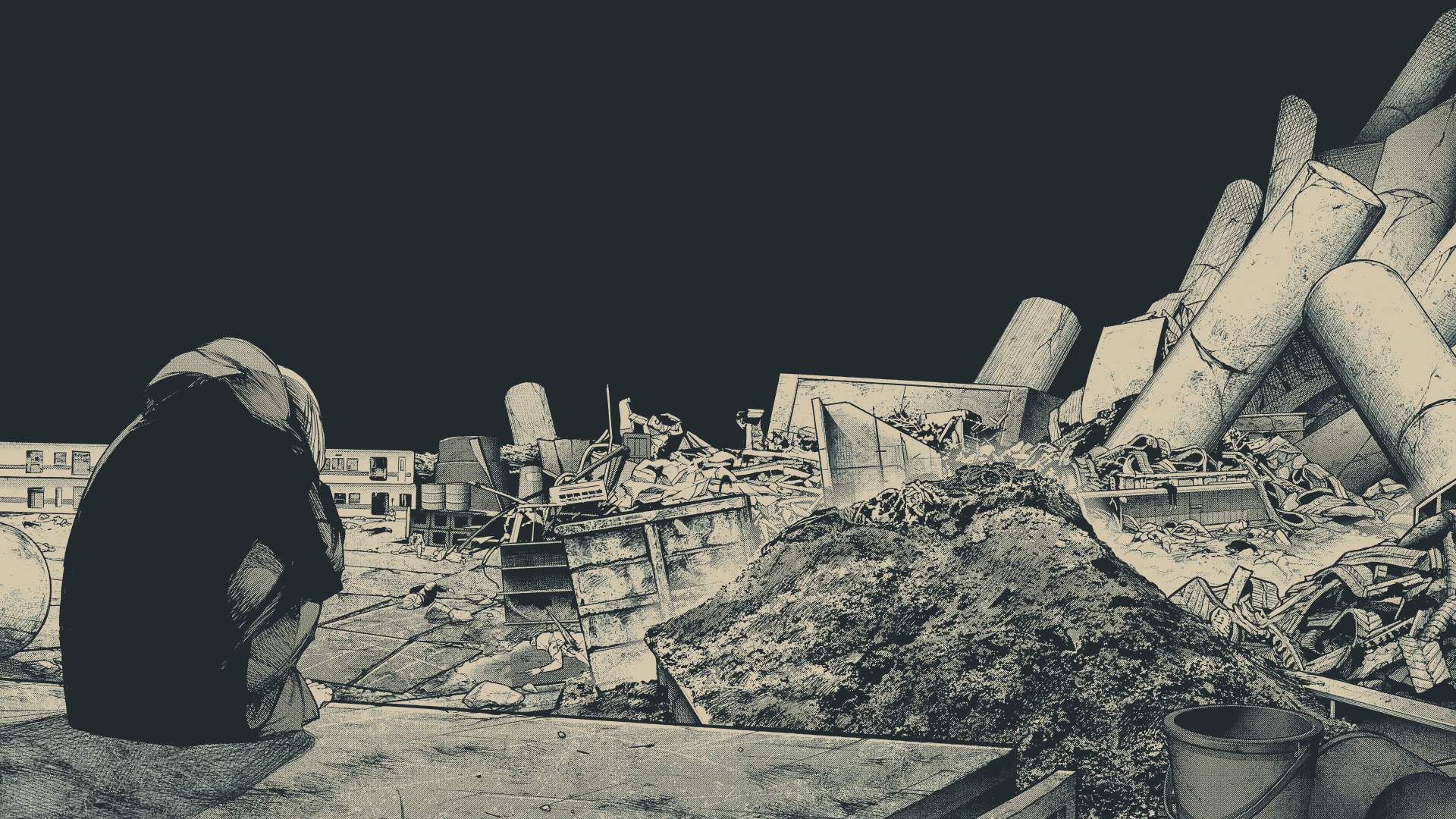 4K Ultra HD manga-style Tokyo Ghoul:re desktop wallpaper of a desolate, rubble-strewn cityscape beneath a bleak sky, conveying deep depression and isolation.