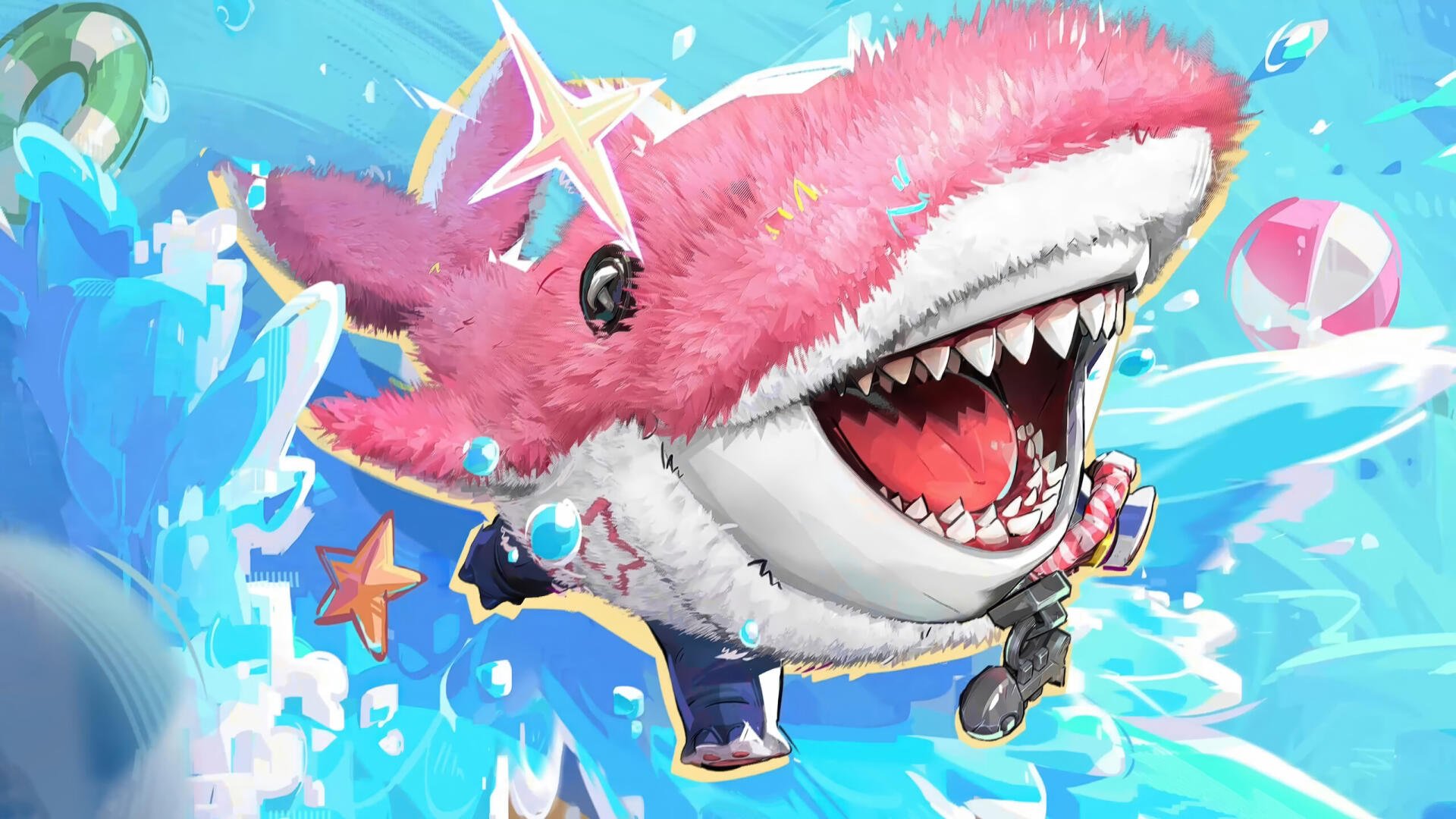 2K Quad HD PC desktop wallpaper/background: Jeff the Land Shark from video game Marvel Rivals — a joyful pink shark-plush with wide grin bursting through water splashes and stars.