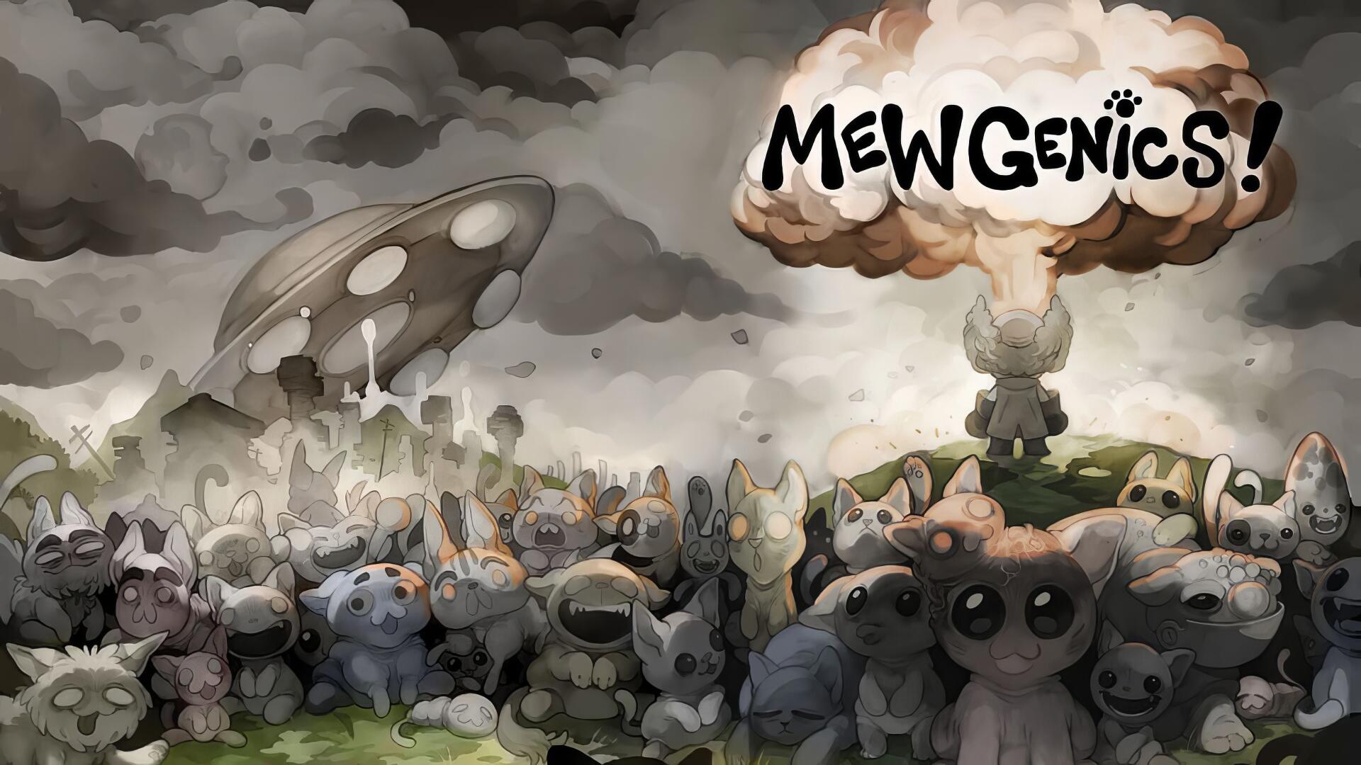 HD PC desktop wallpaper for the video game Mewgenics — a crowd of stylized cat-like creatures under stormy skies, a mushroom-shaped UFO, and a figure with a Mewgenics! speech cloud.