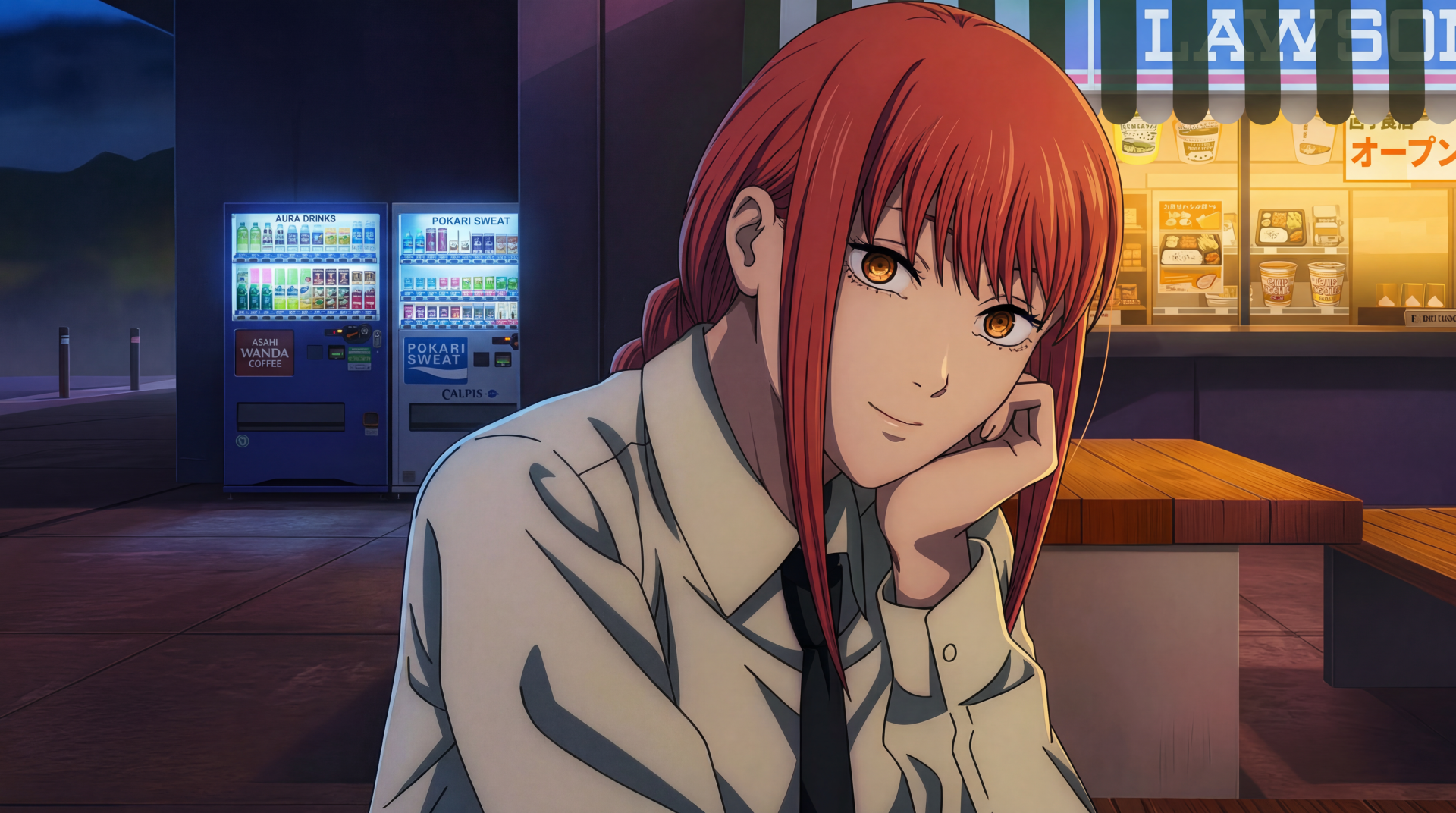 Makima from Chainsaw Man: red-haired anime girl resting her chin on her hand with warm night café lighting — 5K Ultra HD PC desktop wallpaper/background