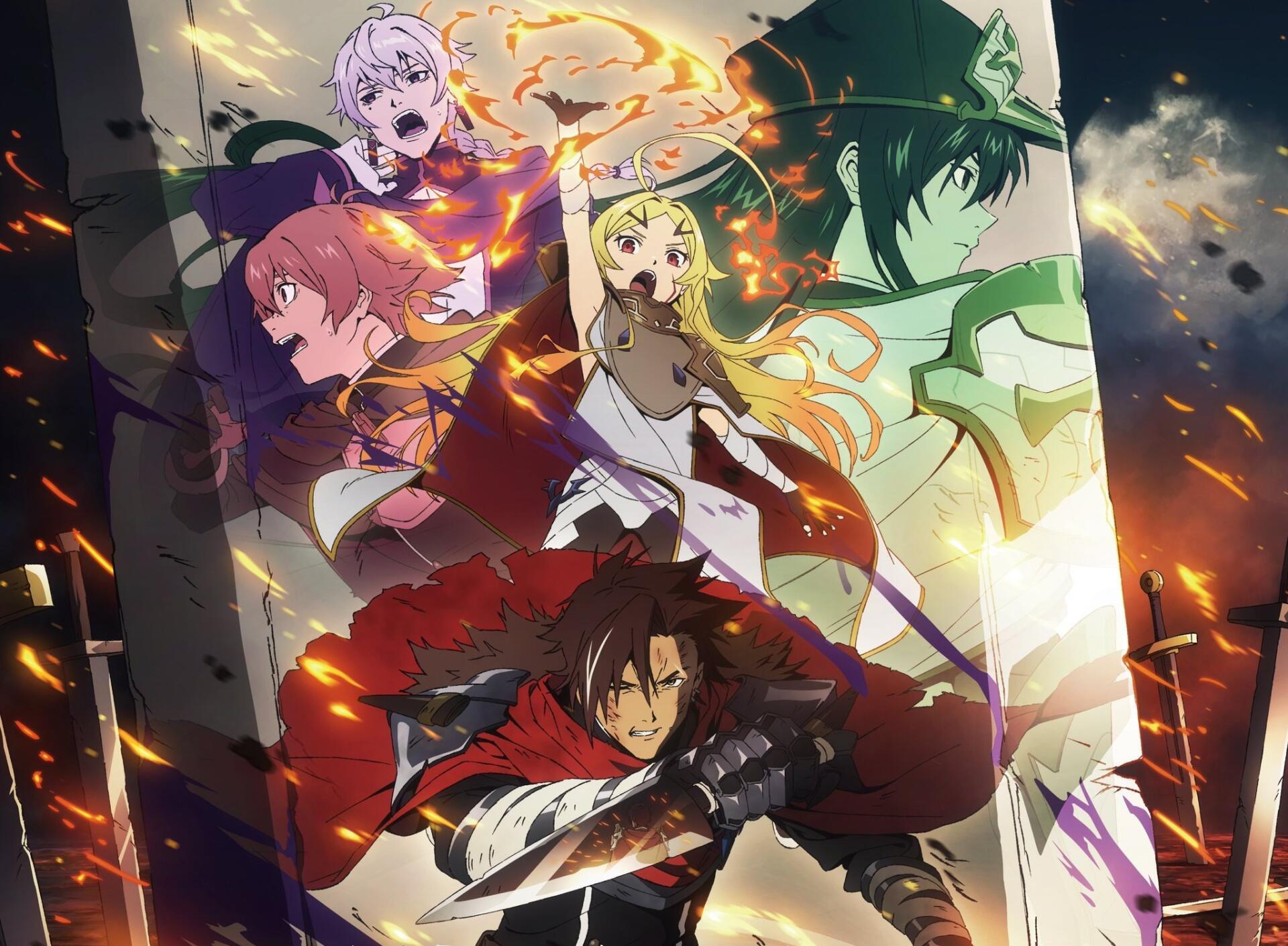 Anime Sentenced to Be a Hero HD PC desktop wallpaper/background, dynamic fiery collage of the main cast in dramatic battle poses.